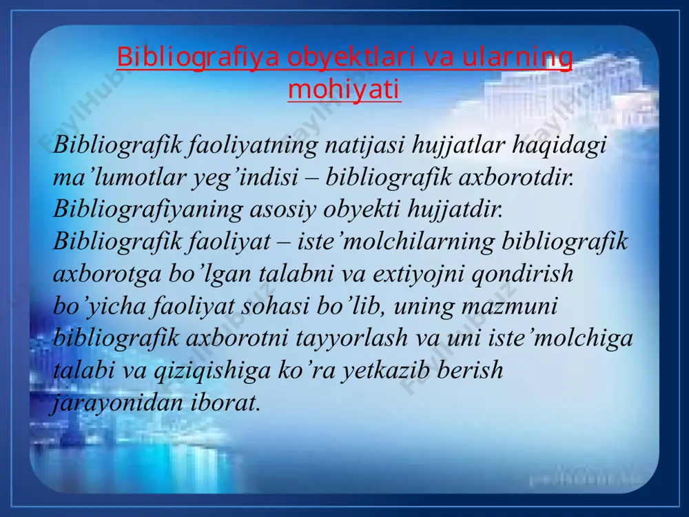 ar – chiqish sonlari va turlicha haftalik, kunlik, bir haftada bir marotaba chiqadigan gazetalar. jurnallar – universal va iqtisoslashgan mazmunga ega bo’ladi. ayrim bilim sohalariga oid jurnallar ham nashr etiladi. ilmiy jurnallar - turli bilim sohasidagi ilmiy nashrlarga ilmiy tadqiqot ishlari natijalaridagi haqidagi asosiy axborot beruvchi manba bo’lib , mutaxasislar va olimlarga ilmiy hodimlarga bag’ishlanadi. www.arxiv.uz kasbiy ishlab chiqarishga oid jurnallar – mutaxasis amaliyotchilarga mo’ljallangan bo’lib shu kasb doirasidagi materiallar haqida ma’lumot beradi. adabiy badiiy ijtimoiy jurnallar – ular turli tuman mavzularga oid materiallardan tashkil topadi va keng kitobxonlar ommasiga mo’ljallanadi. www.arxiv.uz bosma mahsulotlarni nashr etish 1919-yil oktabrda ‘davlat nashriyotini ta’sis etish’’ haqida qaror qabul qilindi . 1920- yilda mart oyidau rasman tas’diqlandi. 1924- yil o’bekiston respublikasi tashkil etilgandan so’ng turkiston davlat nashryoti negizida 1925-yil fevral oyida o’zbekiston davlat nashryoti “o’zdavnashr” tashkil etildi. www.arxiv.uz xulosa xulosa qilib aytganda vaqtli nashrlar, bosma adabiyotlar, bibliografiya obyektlari, nashryotlar bullarning barchasi bibliografiya ishi rivojida …
