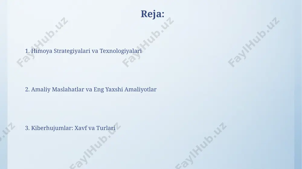 sh mumkin. kiberxavfsizlikning asosiy tamoyillari axborot maxfiyligi: faqatgina ruxsat etilgan shaxslar 1-darajali maxfiy ma'lumotlarga kirish huquqiga ega bo'lishi, buzilishlardan himoya qilish va shaxsiy ma'lumotlar himoyasini ta'minlash kerak. kiberxavfsizlikning asosiy tamoyillari kiberhujumlar va ulardan himoyalanish kiberhujumlar kiberhujumlar kiberhujumlarning maqsadlari kiberhujumlar maqsadlari tijorat sirlari yoki shaxsiy ma'lumotlar kabi 1-darajali axborotlarni o'g'irlash, moliyaviy foyda olish uchun 2-turdagi to'lovlarni talab qilish yoki 3-shaxslarga sotish uchun amalga oshirilishi mumkin. kiberhujumlar maqsadlari siyosiy ta'sir o'tkazishga qaratilishi mumkin, bunda 5-daraжадаги hukumat veb-saytlariga yoki saylov tizimlariga hujum qilish orqali 100 minglab odamlarning fikrini o'zgartirishga harakat qilinadi. voqealarni boshqarish hodisa boshqaruvi 4 ta bosqichdan iborat: aniqlash, baholash, jilovlash va tiklash. har bir bosqichda o'ziga xos vazifalar bajarilib, xavfsizlik hodisasining ta'sirini kamaytirishga qaratiladi. hodisa boshqaruvi jarayonida 72 soat ichida zararni aniqlash va tizimlarni tiklash muhim. proaktiv yondashuv 50% gacha zarar ehtimolini kamaytiradi va resurslarni tejaydi. kiberhujumlarning oqibatlari kiberhujum oqibatlari fizik shaxslar uchun oqibatlar, shaxsiy ma'lumotlar o'g'irlanishi, bank hisoblariga kirish va …