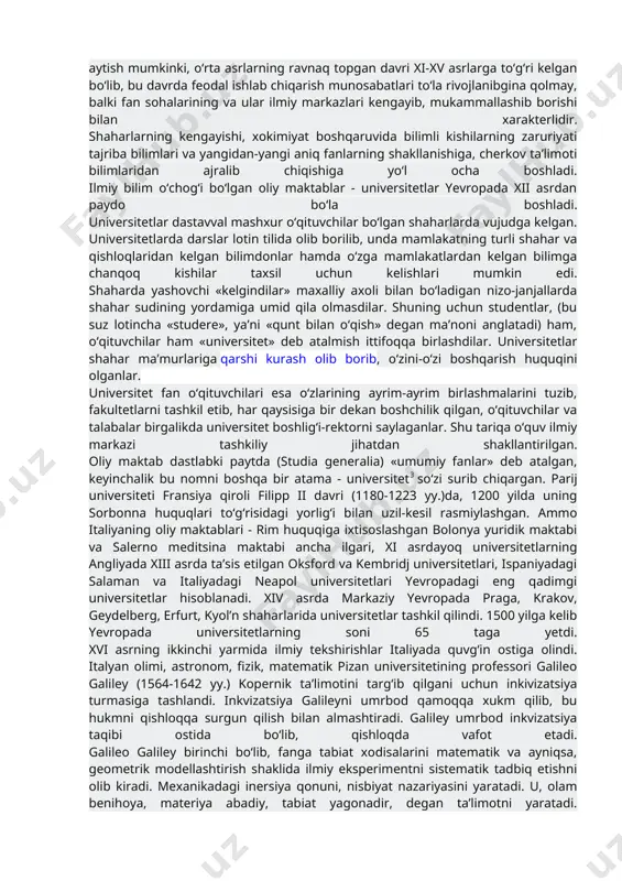 ofan va georgiy amartollarning asarlari slavyan tiliga tarjima qilingan bo‘lib, bu asarlar ko‘pgina yilnomachilarning asarlarida ham tilga olinadi. vizantiyada dunyoviy adabiyot: qissalar, dostonlar, hajviy asarlar ham mavjud bo‘lib, adabiyot fanning turli sohalarini rivojlantirishga katta xissa qo‘shgan. adabiy yodgorliklardan biri o‘z davrining muxim bir soxasi agiografik2 -asarlar bo‘lib, o‘rta asrlar vizantiyasining turush-turmushi xaqida fanga aniq ma’lumotlar beradi. bular o‘z-o‘zidan keyingi davr fan va texnikasi taraqqiyotiga poydevor bo‘lib xizmat qildi. o‘rta asrlarda sharq dunyosida fan va texnika. o‘rta asrlarda arab madaniyati deb atalgan sharq halqlari madaniyatining jaxon sivilizatsiyasiga qo‘shgan xissasi beqiyosdir. sharq halqlari olimlari aristotel (er.avv. 384-322 yy.), gippokrat (er.avv. 460-375 yy.), ptolimey, yevklid (er.avv. iii asr), epikur (er.avv. 341-270 yy.) asarlarini yaxshi bilar edilar. arab matematikasi, astronomiyasi, meditsina va boshqa fanlari g‘arbiy yevropa ilm-fani taraqqiyoti jarayoniga muhim ta’sir qildi. arab sharqi matematika fani sohasida geometriya, trigonometriya fanlarini rivojlantirdi. butun g‘arbiy yevropa tibbiyoti uchun o‘rta asrlar davomida arab sharqi tibbiy bilimlari dasturilamal …