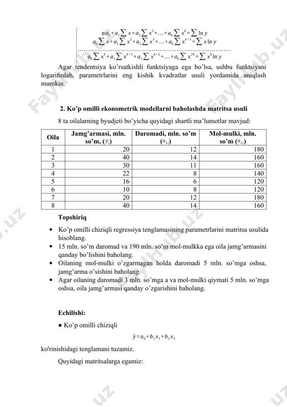 di. 2. birinchi matritsaning birinchi qatoridagi elementlarni ikkinchi matritsaning ikkinchi ustunining elementlariga ko'paytiramiz: · birinchi qatorning birinchi elementini ikkinchi ustunning birinchi elementiga ko'paytiramiz. · birinchi qatorning ikkinchi elementini ikkinchi ustunning ikkinchi elementiga ko'paytiramiz. · har bir element bilan birinchi matritsaning birinchi qatori va ikkinchi matritsaning ikkinchi ustuni oxiriga etgunimizcha xuddi shunday qilamiz. · olingan ko’paytmalarni qo'shamiz. · natija esa matritsaning birinchi qatorining ikkinchi elementi bo'ladi. 3. xuddi shu algoritmdan foydalanib, birinchi matritsaning birinchi qatoridagi elementlarni ikkinchi matritsaning qolgan ustunlari elementlariga ko'paytiramiz. olingan raqamlar hisoblangan matritsaning birinchi qatorini tashkil qiladi. 4. hisoblangan matritsaning ikkinchi qatori xuddi shu tarzda birinchi matritsaning ikkinchi qatoridagi elementlarni ikkinchi matritsaning har bir ustunining elementlariga ko'paytirish orqali aniqlanadi. natijalar esa hisoblangan matritsaning ikkinchi qatori elementlari bo’ladi. 5. ushbu algoritmni yangi matritsaning barcha qatorlari to'ldirilgunga qadar birinchi matritsaning har bir qatori bilan amalga oshiramiz. va matritsalarning ko’paytmasini topamiz: matritsaning teskari matritsasini topamiz. oldiniga – a matritsa determinantini hisoblaymiz: …
