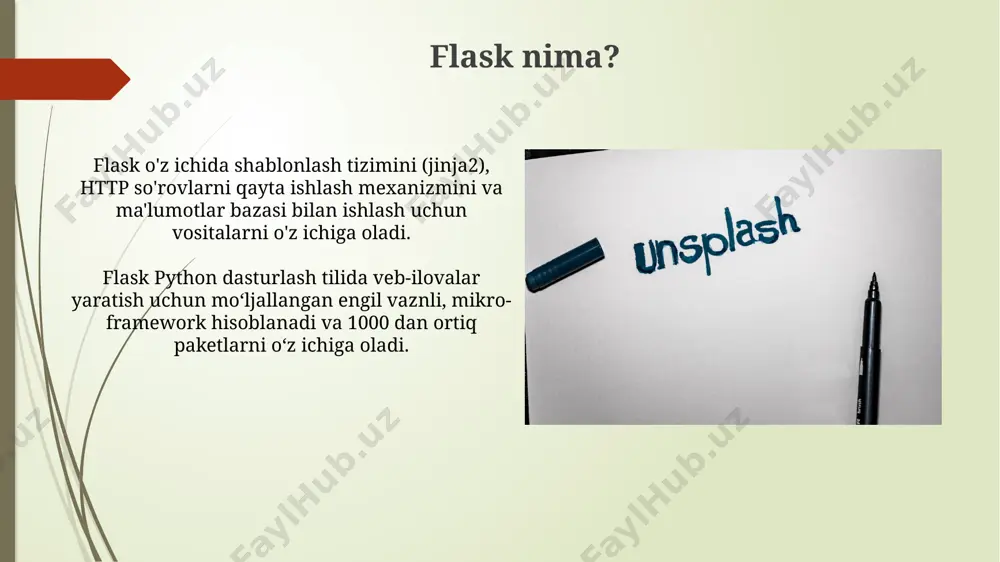 arishda try...except bloklari, va spesifik xato tiplarini (masalan, typeerror, filenotfounderror) qo‘llayotganda dastur barqarorligini 10-20% ga oshirish mumkin. flaskda 404 xatolik sahifasini httperror obyekti yordamida maxsus shakllantirish orqali foydalanuvchiga aniq va tushunarli xabarlar berish mumkin, bu esa foydalanuvchi tajribasini yaxshilaydi. html va css integratsiyasi css fayllarini html fayllariga tegi yordamida bog'lash orqali, 2 xil usulda - ichki va tashqi usullar bilan, sahifa dizaynini nazorat qilish imkoniyati mavjud. htmlda yaratilgan elementlarning ko'rinishini, masalan, rangini, shriftini va joylashuvini css yordamida 3 ta asosiy selektor (class, id, element) orqali boshqarish mumkin. e'tiboringiz uchun rahmat @taqdimot_robot image1.jpg image2.jpg image3.jpg image4.jpg image5.jpg image6.jpg image7.jpg image8.jpg image9.jpg image10.jpg image11.jpg image12.jpg