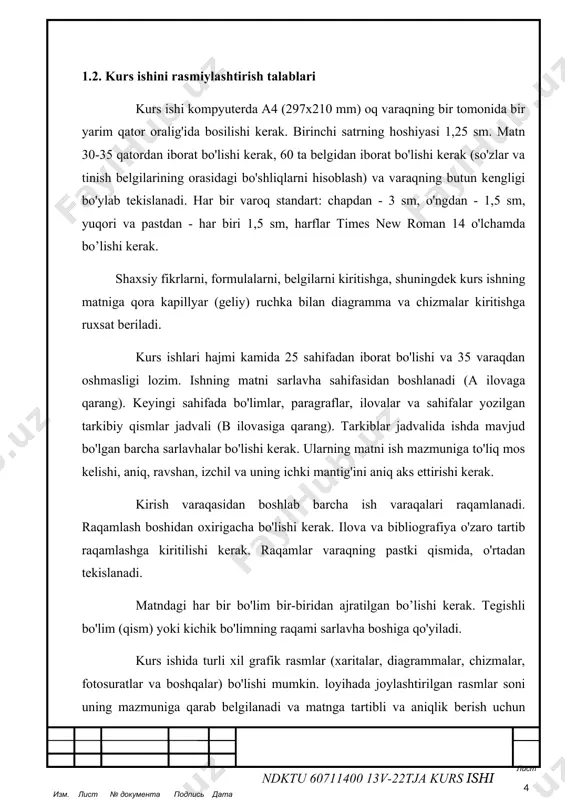 gishli bo'lim (qism) yoki kichik bo'limning raqami sarlavha boshiga qo'yiladi. kurs ishida turli xil grafik rasmlar (xaritalar, diagrammalar, chizmalar, fotosuratlar va boshqalar) bo'lishi mumkin. loyihada joylashtirilgan rasmlar soni uning mazmuniga qarab belgilanadi va matnga tartibli va aniqlik berish uchun etarli bo'lishi kerak. ular ish matnida ularga murojaat qilingandan so'ng darhol joylashtiriladi. yozuv varaqning o'rtasiga tekislanadi, kursiv bilan yozilgan va rasm ostida joylashgan. kurs ishiga joylashtirilgan raqamli material, jadval ko'rinishida chiqarish tavsiya etiladi. jadvallar varaqqa rasmlar singari joylashtirilishi kerak. har bir jadvalga o'tish raqami va imzo qo'shiladi. jadval sarlavhasi birinchi satrni ko'rsatmasdan varaqning chap chetiga tekislanadi, kursiv bilan yoziladi va jadvalning tepasida joylashgan. no.,%, +, -, , = va hokazo belgilar faqat sonli qiymatlar uchun ishlatilishi kerak. matnda bu belgilar so'zlar bilan yozilishi kerak. hisob birliklari va fizik kattaliklarni o'lchash birliklarining harf belgilari matnda faqat bo'sh joy bilan ajratilgan sonli qiymatlar bilan qo'llaniladi (masalan: 5 dona, 10 mb). matematik belgilarning belgilari …