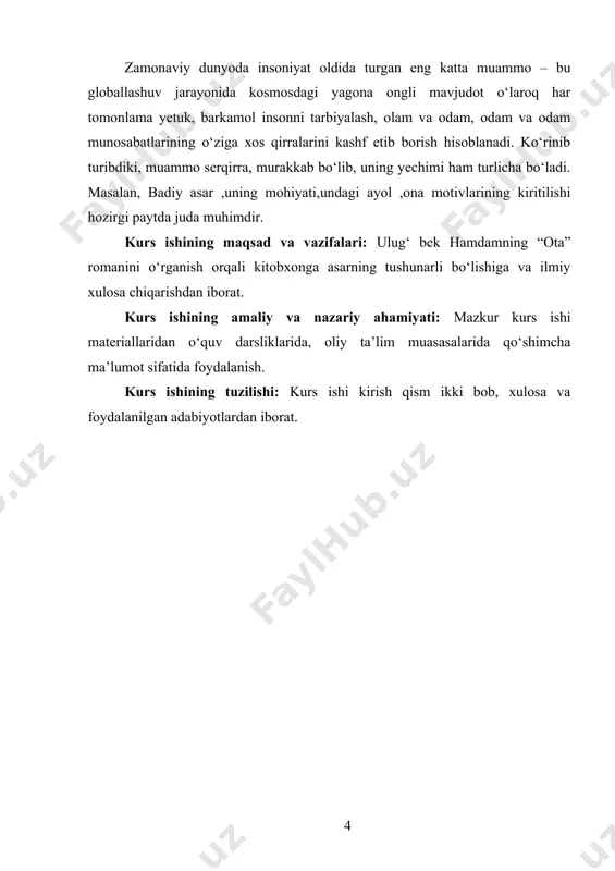 uyoshi”ga aylanadi. chunki obraz jonli harakati, jozibadorligi, yorqinligi, bilan oʻzida voqea hodisalarning qonuniyatini chuqur mujassam etadi. hotam umurov ham badiiy obraz haqida “adabiyotshunoslik nazariyasi” darsligida shunday fikrlarni bildirib oʻtadi:badiiylikni, badiiy adabiyotni yuzaga keltiruvchi belgisi obrazdir. shuning uchun asardagi mayda detaldan katta obrazgacha maʼlum maqsadni amalga oshirish uchun qoʻllaniladi. adabiyotshunos erkin xudoyberdiyev h.umurovning obraz haqidagi fikrlaridan farqlioʻlaroq, u obraz va uning ahamiyati haqida quyidagilarni keltirib oʻtadi: “voqelikni obrazli tarzda aks ettirish adabiyot va sanʼatning asosiy belgilaridan biridir. obrazli aks ettirish alohida shaxslarda, hodisalarda, muayyan his tuygʻularda hayotning umumiy, qonuniy tomonlarini taqozo etadi. albatta, obrazli tasvirning bunday murakkab koʻrinishlari birdaniga paydo boʻlib qolgan emas. u uzoq tarixiy taraqqiyot mahsulidir. insoniyat tafakkuri taraqqiyotining buyu yutuqlari tufayli voqelikdagi umumiy muhim va tipik tomonlarni, hodisalar mohiyatini, “hayotiy shakl” da ochib berish chinakkam badiiy obrazlarning asosiy xususiyatlaridan biriga aylandi. darhaqiqat, obraz bu adabiyotning, ayniqsa, badiiy adabiyotni shakllantiruvchi, uni yuzaga keltiruvchi oʻquvchining ongi va shuurida asarga, uning …
