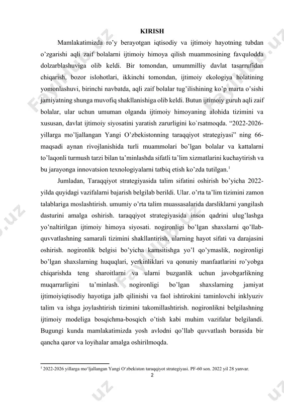 taraqqiyot strategiyasida inson qadrini ulug’lashga yo’naltirilgan ijtimoiy himoya siyosati. nogironligi bo’lgan shaxslarni qo’llab-quvvatlashning samarali tizimini shakllantirish, ularning hayot sifati va darajasini oshirish. nogironlik belgisi bo’yicha kamsitishga yo’l qo’ymaslik, nogironligi bo’lgan shaxslarning huquqlari, yerkinliklari va qonuniy manfaatlarini ro’yobga chiqarishda teng sharoitlarni va ularni buzganlik uchun javobgarlikning muqarrarligini ta’minlash. nogironligi bo’lgan shaxslarning jamiyat ijtimoiyiqtisodiy hayotiga jalb qilinishi va faol ishtirokini taminlovchi inklyuziv talim va ishga joylashtirish tizimini takomillashtirish. nogironlikni belgilashning ijtimoiy modeliga bosqichma-bosqich o’tish kabi muhim vazifalar belgilandi. bugungi kunda mamlakatimizda yosh avlodni qo’llab quvvatlash borasida bir qancha qaror va loyihalar amalga oshirilmoqda. xususan o’zbekiston respublikasi prezidentining 2020 yil 13 oktyabrdagi «alohida ta’lim ehtiyojlari bo’lgan bolalarga ta’lim-tarbiya berish tizimini yanada takomillashtirish chora-tadbirlari to’g’risida"gi pq-4860-son qarori, davlatimizda barcha insonlar e’tirof etilayotganligidan dalolat beradi. ushbu qarorga ko’ra 2020−2025 yillarda xalq ta’limi tizimida inklyuziv ta’limni rivojlantirish konsepsiyasiga o’zbekistonda inklyuziv ta’limni rivojlantirish, alohida ta’lim ehtiyojlari bo’lgan bolalarga ta’lim-tarbiya berish tizimini takomillashtirish hamda ularga ko’rsatiladigan ta’lim xizmatlari …
