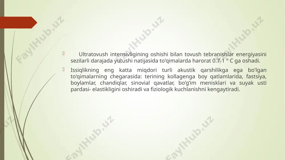 ari va ultratovush yordamida kiritiladigan preparatning o'ziga xos ta'sirlari. ko'rsatma. kiritiladigan preparatlarning farmakologik ta'sir xususiyatlarii va ultratovush terapiyasiga ko'rsatmalarini hisobga olgan holda aniqlanadi. qo'llash mumkin bo'lmagan holatlar. ultratovush terapiyasiga qarshi ko’rsatmalardan tashqari- ishlatiladigan dori moddalariga allergik reaktsiyalarni ham hisobga olish kerak. texnika muolajalar ikki asosiy usulda amalga oshiriladi: kontakt va distantsion usullar. birinchi usulda 150-250 sm 2 gacha bo'lgan ta'sir sohasiga eritma, suspenziya va malhamlar ko'rinishidagi dorivor moddalar qo'llaniladi va nurlanish teri yuzasidan ajralmagan holda harakatlantiriladi. ikkinchi holatda: ultrafonoforez dori moddasi eritilgan gazsiz suvli idish (vanna)da 35-36 °c da olib boriladi. nurlatuvchi teri yuzasidan 1-2 sm masofada kichik aylanma harakatlar bilan harakatlantiriladi. kiritiladigan dori-moddalarning miqdori ultratovush sohasida ishlatiladigan preparat miqdoriga va uning foretik harakatchanligi asosida dozlanadi. gidroterapiya dush - turli shakldagi, yo'nalishdagi, harorat va bosimdagi chuchuk suv oqimining tanaga terapevtik ta'siri. bemorning tanasiga urilgan suv oqimi teri turli sohalarining qisqa muddatli davriy deformatsiyasiga olib keladi, keyin esa ko'plab mexanoreseptorlar va …