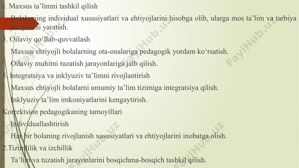 da jismoniy yoki psixik nuqsonlarga ega bo‘lgan bolalar bo‘lib, ular uchun maxsus ta’lim va tarbiya sharoitlarini yaratish zarur. ularning umumiy rivojlanishi odatiy rivojlanish me’yorlaridan farq qiladi, bu esa ularga individual yondashishni talab etadi. anomal bolalar turli xil nuqsonlarga ega bo‘lishi mumkin: aqliy, eshitish, ko‘rish yoki nutq buzilishlari. 1.psixik rivojlanishdagi o‘zgarishlar: psixik jarayonlarning (tafakkur, xotira, diqqat) sekinlashuvi yoki noto‘g‘ri rivojlanishi. ijtimoiylashuvning qiyinchiliklari. 2.jismoniy buzilishlar: eshitish, ko‘rish yoki harakat faoliyatidagi nuqsonlar. ko‘p hollarda bunday buzilishlar o‘quv faoliyatiga ham ta’sir qiladi. 3..individual yondashuvga ehtiyoj: har bir bolaning rivojlanish nuqsoniga qarab maxsus ta’lim va terapiya zarur. korrektsion (maxsus) pedagogikaning asosiy vazifalari, tamoyillari va metodlari. 7 4.ijtimoiy muvofiqlashuvda qiyinchiliklar: bunday bolalar jamiyatda faol ishtirok etishda ko‘proq qo‘llab-quvvatlashga muhtoj bo‘ladilar. anomal bolalarning toifalari 1. aqliy rivojlanishida nuqsoni bor bolalar tavsifi: bu bolalarda intellektual qobiliyatlarning rivojlanishi odatiy me’yordan past bo‘ladi. o‘rganish va mantiqiy fikrlash qobiliyatlari cheklangan. ko‘rinishlari: oligofreniya: tashqi omillar yoki genetik sabablar tufayli yuzaga kelgan doimiy …