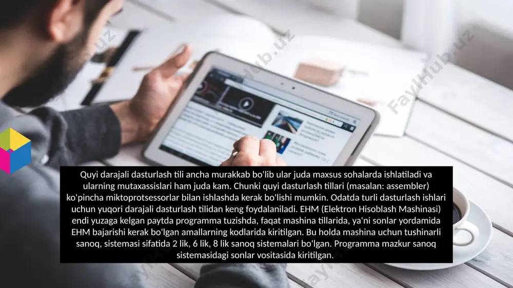 asturlash yuqori saviyali dasturlash tillari (delphi, java, c++, python) vositasida amalga oshiriladi. bu dasturlash tillarining semantikasi odam tiliga yaqinligi tufayli dastur tuzish jarayoni ancha oson kechadi. ko'p ishlatiladigan dasturlash tillari. biz hozir biladigan va ishlatadigan tillarning barchasi shu guruhga mansub. ular insonga "tushunarli" tilda yoziladi. ingliz tilini yaxshi biluvchilar programma kodini qiynalmasdan tushunishlari mumkin. bu guruhga fortran, algol, c,pascal, cobol va h.k. tillar kiradi(ko`pchiligi hozirda deyarli qo`llanilmaydi). eng birinchi paydo bo`lgan tillardan to hozirgi zamonaviy tillargacha ishlatish mumkin. lekin, hozirgi web texnologiya orqali ishlaydigan tillarda(php, asp.net, jsp) bunday dasturlar tuzilmaydi. chunki bunday dasturlarning ishlashi uchun yana bir amaliy dastur ishlab turishi kerak. hozirda, amaliy dasturlar, asosan, visual c++, c#, borland delphi, borland c++, java, phyhon kabi tillarda tuziladi. ppt_x ppt_y style.visibility style.visibility ppt_x ppt_y o`zbekistonda ko`pchilik delphi dan foydalanadi. buning asosiy sababi: soddaligi, komponentlarning ko`pligi, interfeysining tushunarliligi va h.k. delphida birinchi ishlagan odam ham qanaqadir dastur tuzishi oson kechadi. lekin, …