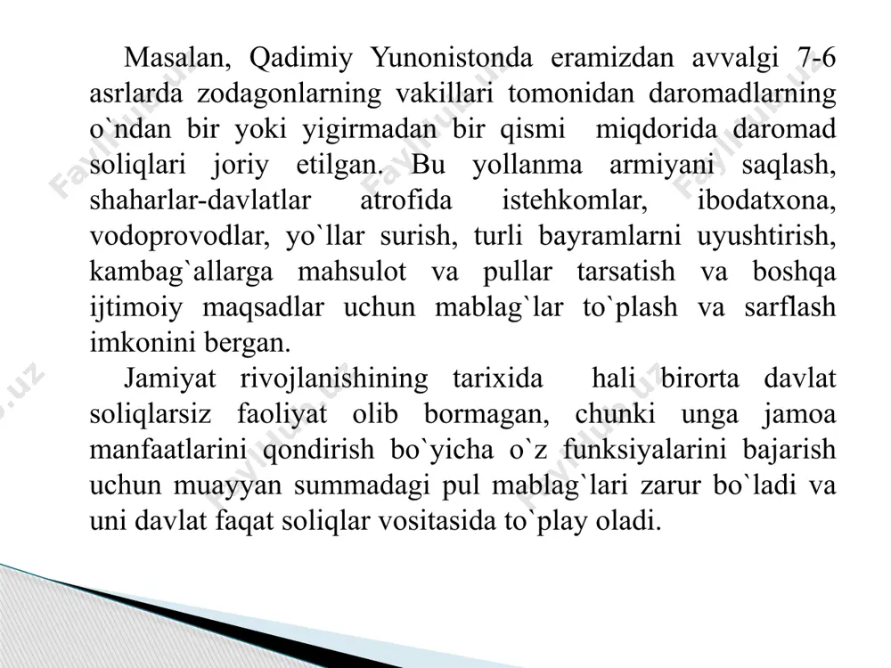 foydasiga soliqlar 9,7 12,8 8,4 11,3 7,4 10 1.2. kichik korxo-nalardan yagona soliq 1,4 1,9 1,7 2,2 1,7 2,2 1.3.jismoniy shaxslarning tadbirkorlik faoliyatidan 1,2 1,6 1,6 2,1 1,6 2,2 1.3.jismoniy shaxslarning tadbirkorlik faoliyatidan daromadlariga soliqlar 1,2 1,6 1,6 2,1 1,6 2,2 1.4. jismoniy shaxs-larning daromad soliqlari 8,7 11,8 9,5 12,8 9,6 13 2. egri soliqlar 41,1 54,4 38,4 51,8 41,9 56,8 2.1. qqs 18,4 24,4 18,8 25,3 19,5 26,4 2.2. aksizlar 20,8 27,5 17,8 24 19,6 26,6 2.3. bojxona bojlari 0,9 1,2 1 1,4 1,3 1,7 2.4. respublika hududiga olib kiriladigan tovarlar uchun yig`im 1 1,3 0,8 1,1 0,5 0,6 3. resurs тo`lоvlari va mulk soliqlari 7,6 10 6,9 9,3 5,8 7,9 3.1. mulk solig`i 2,4 3,2 2,3 3,0 1,6 2,2 3.2. yer solig`i 2,4 3,1 2,2 2,9 1,5 2,0 3.3. yer osti boy-liklaridan foydala-nish uchun soliq 0,9 1,1 0,5 0,7 0,6 0,9 3.4. suv resurslardan foydalanish solig`i 0,3 0,5 …
