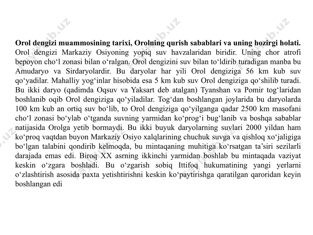 qo‘shimcha 2,6 mln gektar yerga suv chiqarildi va suvni ishlatish bir yilda 105 km kub yetdi. shundan 60 km3 amudaryo va 45 km kun sirdaryo hisobiga to‘g‘ri kelar edi. shunday holat bu daryolar suv oqimining orol dengiziga qo‘yilishini keskin qisqartirib yubordi. masalan, agar 1960 yilda orol dengizi suvining darajasi 53-54 metrni tashkil etgan bo‘lsa, keyingi yillarda u keskin pasayib borib, suv darajasi 1990 yilda 1960 yilga nisabatan 14 metr pasga tushgan. bu degan so‘z orol dengizining - 40% qurigan va suv hajmi 60% gacha qisqargan demakdir. keyingi yillarda ham orolning qurishi to‘xtagani yo‘q va kuzatishlarga ko‘ra o‘z vaqtida chora-tadbirlar ko‘rilmasa uning qurishi kelgusida ham davom etaveradi. shunday holat davom etaversa orol dengizi kichrayib, qurib umumiy maydoni 4 - 5 ming km kvadrat keladigan sho‘r ko‘lga aylanish ehtimoli bor. orol dengizi suvining sho‘rligi 22 - 23% ko‘tarildi. dengizning sayoz sharqiy janubiy va shimoliy qirg‘oqlaridan dengiz suvi 60-120 km chekinib, sho‘rhok yerlarga …