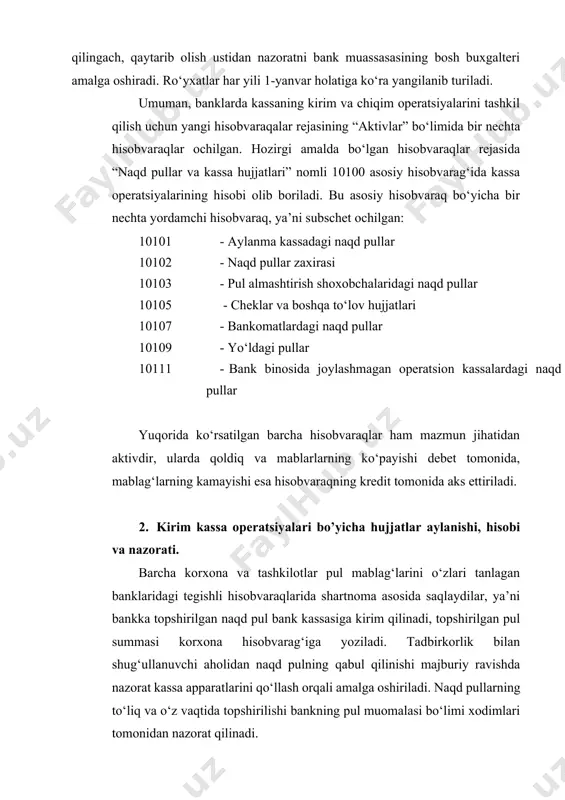 dalnomaning nomerini esa uni qabul qilayotgan mas’ul bank xodimi bankka kelib tushayotgan badalnomalarni qayd etish tartibida belgilaydi. badalnomani qabul qilish bankda asosan nazoratchiga yuklatiladi. ba’zi banklarda, ularning ichki tartibidan kelib chiqqan holda bu vazifa shu korxonaga xizmat ko‘rsatuvchi mas’ul ijrochi tomonidan yoki bosh buxgalter yordamchisi tomonidan bajariladi. hujjatni qabul qilib olgan bank xodimi uni uchala qismining bir xil, to‘liq va to‘g‘ri to‘ldirilganligini tekshirib chiqadi, agar operatsiya o‘tkazish mumkin deb topsa, hujjatning barcha qismlariga o‘z imzosini qo‘yib, ushbu hujjatni kassaning kirim jurnaliga qayd etadi. kunning oxirida kassaning kirim operatsiyalari bo‘yicha quyidagi bugalteriya yozuvlari amalga oshiriladi. ya’ni bu holda bank kassasi bilan birga pul topshirgan korxona hisobvarag‘ida ham topshirgan summada mablag‘ ortadi. debet 10101 – bankning aylanma kassasidagi naqd pullar kredit 20200 – mijozlarning talab qilib olinguncha saqlanadigan depozitlari agar pul topshiruvchi korxona xususiy korxona bo‘lsa, u holda quyidagi buxgalteriya provodkasi bajariladi. debet 10101 – kredit 20208 – bu buxgalteriya yozuvlaridan shuni …