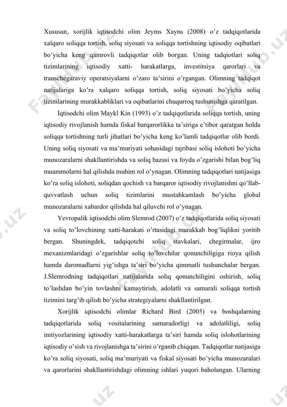 garaviy operatsiyalarni oʼzaro taʼsirini oʼrgangan. olimning tadqiqot natijalariga koʼra xalqaro soliqqa tortish, soliq siyosati boʼyicha soliq tizimlarining murakkabliklari va oqibatlarini chuqurroq tushunishga qaratilgan. iqtisodchi olim maykl kin (1993) oʼz tadqiqotlarida soliqqa tortish, uning iqtisodiy rivojlanish hamda fiskal barqarorlikka taʼsiriga eʼtibor qaratgan holda soliqqa tortishning turli jihatlari boʼyicha keng koʼlamli tadqiqotlar olib bordi. uning soliq siyosati va maʼmuriyati sohasidagi tajribasi soliq islohoti boʼyicha munozaralarni shakllantirishda va soliq bazasi va foyda oʼzgarishi bilan bogʼliq muammolarni hal qilishda muhim rol oʼynagan. olimning tadqiqotlari natijasiga koʼra soliq islohoti, soliqdan qochish va barqaror iqtisodiy rivojlanishni qoʼllab-quvvatlash uchun soliq tizimlarini mustahkamlash boʼyicha global munozaralarni xabardor qilishda hal qiluvchi rol oʼynagan. yеvropalik iqtisodchi olim slemrod (2007) oʼz tadqiqotlarida soliq siyosati va soliq toʼlovchining xatti-harakati oʼrtasidagi murakkab bogʼliqlikni yoritib bergan. shuningdek, tadqiqotchi soliq stavkalari, chegirmalar, ijro mexanizmlaridagi oʼzgarishlar soliq toʼlovchilar qonunchiligiga rioya qilish hamda daromadlarni yigʼishga taʼsiri boʼyicha qimmatli tushunchalar bergan. j.slemrodning tadqiqotlari natijalarida soliq qonunchiligini oshirish, soliq …