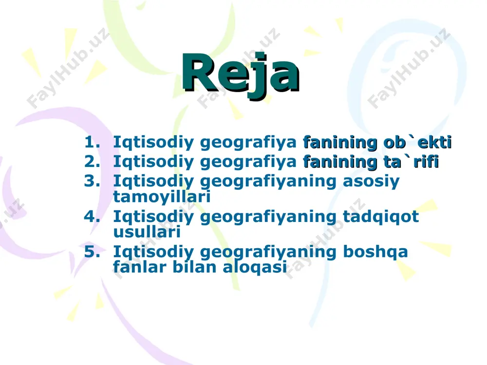 g predmeti iqtisodiy geografiya aholini, uning xo`jalik faoliyatini, ishlab chiqarishning turli mintaqa va hududlarda joylanishi va rivojlanishini hududiy tizimlar doirasida o`rganadigan fandir. iqtisodiy geografiyaning asosiy tamoyillari hududiylik majmualilik (komplekslik) tarixiylik ekologik demosentrik iqtisodiy geografiyaning boshqa fanlar bilan aloqasi geografik fanlar tizimi (tabiiy geografiya, landshaftshunoslik va h.k) tarix iqtisodiyot matematika fizika turizm va xizmat ko`rsatish va h.k n.n.baranskiy insonsiz geografiyaga bor vujudi bilan qarshi va "insonni unutibsiz!" deb xitob qilar edi. chindan ham ijtimoiy ishlab chiqarish jarayonining markazida inson turishi kerak. biroq, inson avvalgidek, faqat ishlab chiqaruvchi bo`lmay, balki u o`z nomi bilan hazrati insondir. shuning uchun iqtisodiy geografiyada inson tabiati, biogeografiyasi, yashash tarzi, urf-odati kabi sof ijtimoiy masalalarning hududiy jihatlari ham o`rganilishi lozim. ishlab chiqarish kuchlarini joylashtirishda, ilmiy-texnika taraqqiyoti va boshqalarda inson omili, uning talab va ehtiyoji, dunyoqarashi muhim o`rin tutadi. shu nuqtai nazardan, demotsentrik tamoyil ishlab chiqarishni hududiy tashkil etishda e'tiborga olinishi bilan bir qatorda, insonning o`zi ham o`rganilishi …