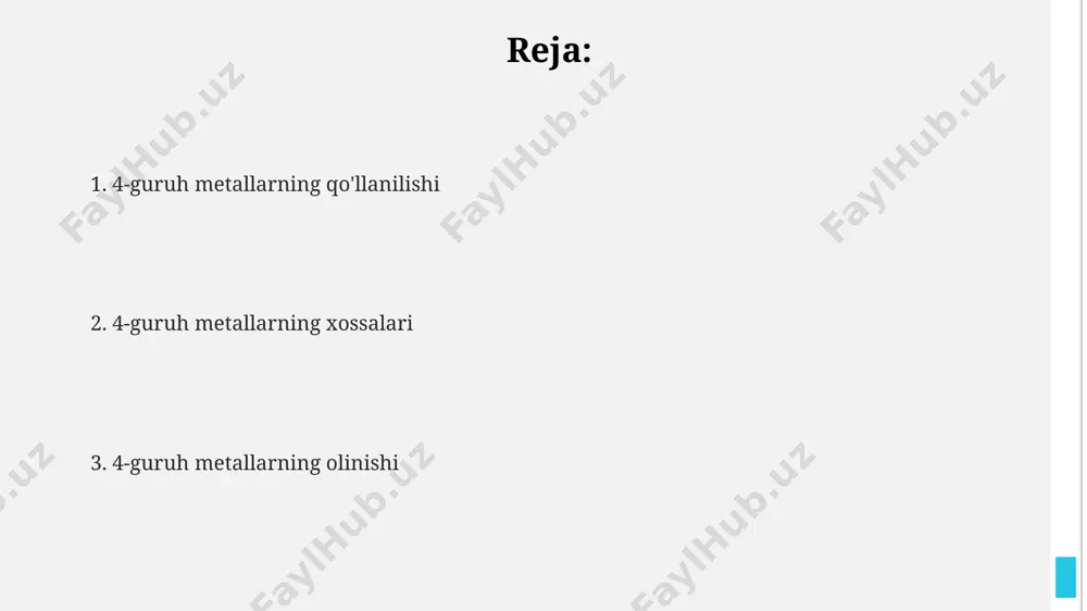 alari ushbu metallarning ko'pchiligi yuqori zichlikka ega bo'lib, mexanik mustahkamlik va korroziyaga chidamlilik xususiyatlariga ega. masalan, hafniumning zichligi 13,31 g/sm³ ga teng. 4-guruh metallari, ayniqsa titan va zirkonium, biotibbiyotda implantlar va protezlar ishlab chiqarishda qo'llaniladi, chunki ular organizmda kam toksikdir va yuqori biomosh kelishuvga ega. 4-guruh metallari yuqori erish haroratiga ega bo'lib, masalan, titanning erish harorati 1668°c, zirkoniumniki esa 1855°c ni tashkil etadi, bu ularning mustahkam va bardoshli birikmalar hosil qilish qobiliyatini ko'rsatadi. 4-guruh metallarning qo'llanilishi 4-guruh metallaridan alyuminiy qotishmalari kuchli va yengil bo'lgani uchun avtomobilsozlikda keng qo'llaniladi, ularning tortishish kuchi 2,7 g/sm³ atrofida. bu esa yoqilg'i tejashga yordam beradi. 4-guruh metallari, xususan, titan va zirkonium, yuqori korroziyaga chidamliliklari tufayli aviatsiya va kosmonavtika sanoatida, shuningdek, tibbiyot implantlari sifatida keng qo'llaniladi. ularning zichligi 4,5 dan 6,5 g/sm³ gacha. hafniumning yuqori neytron yutilish kesimi tufayli yadro energetikasida, xususan, boshqaruv tayoqchalarida muhim ahamiyatga ega. uning atom raqami 72 bo'lib, yadro reaksiyalarida muhim rol …