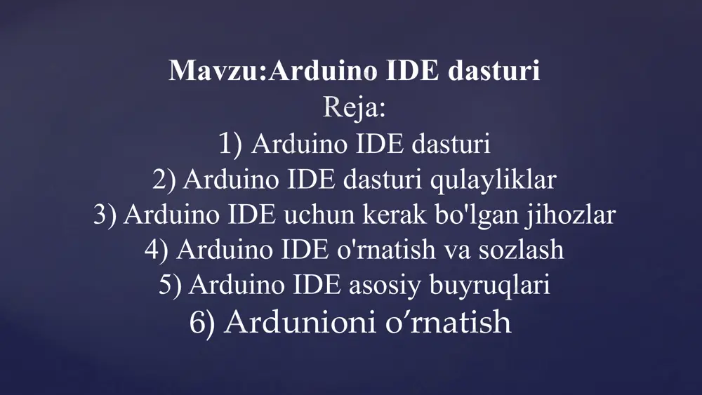 asosiy funksiyalarni bajaradi. 7 arduino ide o'rnatish va sozlash o'rnatish arduino ide dasturini www.arduino.cc saytidan yuklab olish va kompyuteringizda o'rnatish mumkin. sozlash kerakli arduino platforma va com portlarini tanlab, sozlash mumkin. aloqa arduino board va kompyuter o'rtasida usb kabel orqali aloqa o'rnatiladi. 8 arduino dasturlash tilini ishlatish c/c++ asoslari arduino ide c/c++ dasturlash tillaridan foydalanadi, shuning uchun ushbu tillarga oid bilim kerak. arduino kodi arduino kodi c/c++ asosida yoziladi, lekin arduino kutubxonalari va funksiyalari qo'llaniladi. 9 arduino ide asosiy buyruqlari setup() platforma ishga tushirilganda bir marta ishlatiladi. loop() platforma ishlayotganda uzluksiz ravishda takrorlanib turadi. pinmode() kirish yoki chiqish portlarini belgilaydi. 10 arduino ide loyiha yaratish 1 loyiha tanlash arduino uchun ko'plab tayyor loyihalar mavjud yoki o'z g'oyangizni amalga oshirishingiz mumkin. 2 platforma sozlash loyihangiz uchun kerakli arduino platforma va komponentlarni tanlab oling. 3 kod yozish arduino ide da kod yozish va loyihangizni amalga oshiring. 11 arduino ide loyihalarini yuklash va …