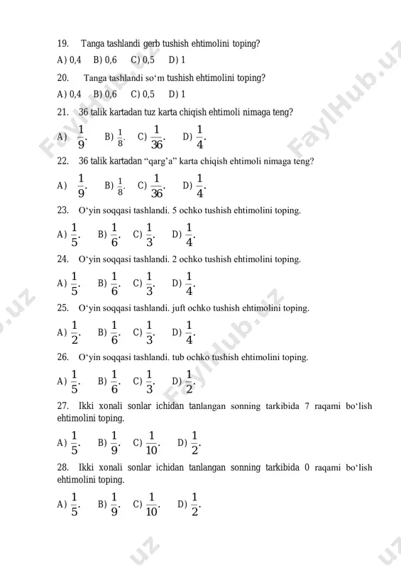 arkibida 7 raqami bo‘lish ehtimolini toping. a) 1 . 5 b) 1 . 9 c) 1 . 10 d) 1 . 2 28. ikki xonali sonlar ichidan tanlangan sonning tarkibida 0 raqami bo‘lish ehtimolini toping. a) 1 . 5 b) 1 . 9 c) 1 . 10 d) 1 . 2 29. ikki xonali sonlar ichidan tanlangan sonning tarkibida 7 raqami bo‘lish ehtimolini toping. a) 1 . 5 b) 1 . 9 c) 1 . 10 d) 1 . 2 30. ikki xonali sonlar ichdan tanlangan 5 ga bo‘linish ehtimolini toping. a) 1 . 5 b) 1 . 9 c) 1 . 10 d) 1 . 2 5. ehtimollikning asosiy teoremalari va tasodifiy miqdorlarning sonli harakteristikalari. 1. ikkita avtomat bir xil dеtallar ishlab chiqaradi, bu dеtallar kеyin umumiy konvеyеrga o‘tadi. birinchi avtomatning unum-dorligi ikkinchi avtomatning unumdorligidan ikki marta ko‘p. birinchi avtomat o‘rta hisobda dеtallarning 60% ini, ikkinchi avtomat esa o‘rta-cha …