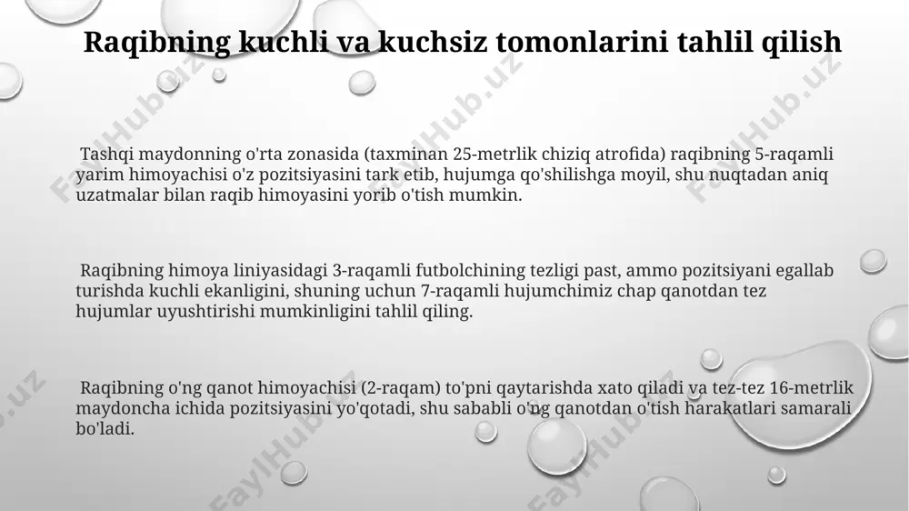 imoyachini maydon markaziga to'plash va tezkor qarshi hujumlarni amalga oshirish uchun 2 hujumchini qoldirib, andijon stadionida tez-tez ishlatiladigan samarali usuldir. agar raqibning chap qanoti faol bo'lsa (70%dan ko'proq hujumlar chapdan bo'lsa), o'ng qanot himoyachisini 5 metrga orqaga qaytarish va chap qanot himoyachisini 2 metr oldinga surish toshkentdagi "bunyodkor" stadionida isbotlangan taktik variant hisoblanadi. qarshi hujumlarni amalga oshirish qarshi hujum paytida, 10 metrlik radiusda joylashgan 2-3 nafar hujumchini tezda faollashtirish va farg'ona hududidan olingan “zig-zag” harakatlar bilan raqib himoyasini chalkashtirish kerak. qarshi hujumlarni amalga oshirishda, raqibning 7-raqamli futbolchisining pozitsiyasini 3 soniya ichida aniqlash va 2 nafar hujumchi bilan tezkor paslar orqali toshkentdan kelgan strategiyaga asosan hujumni boshlash muhim. to'pni yo'qotishdan keyin, 5 soniya ichida raqib yarim himoyachilarini chetlab o'tib, qarshi hujumga o'tish uchun samarqanddan olingan "uchburchak" taktikasidan foydalanish samarali bo'ladi. standart vaziyatlarni bajarish burchak to'plarini bajarishda, 7 metrlik radiusdagi maydonda 2 nafar hujumchi va 1 nafar yarim himoyachining aniq harakatlari va …