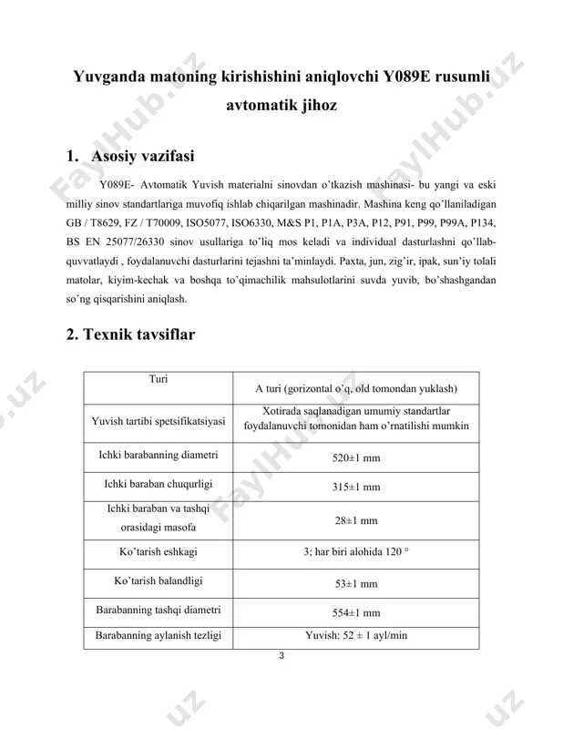 ladan yuvish vaqti, orqa yorug’likning yorqinligi, tilni almashtirish, proshivka versiyasi, dasturiy ta’minot versiyasi va apparat versiyasi. 6 –rasm. parametrlar interfeysini sozlash 3.3 ishlash tartibi yuvishdan keyin kirishishini aniqlash uchun avtomatik mashinaning ishlash printsipi: baraban dvigatelining ta’sirida aylanadi va matolar barabanga o’rnatilgan ko’taruvchi tayanch moslama orqali doimo ko’tariladi. matolar ma’lum bir balandlikka etganidan so’ng, ular tortishish kuchi bilan tushiriladi va yuvinishni amalga oshirish uchun bosim o’tkaziladi. agar ma’lum bir suv harorati kerak bo’lsa, isitish elementi belgilangan haroratgacha isitiladi va keyin yuvish amalga oshiriladi. matodagi suvni chiqarib yuborish barabanning yuqori tezlikda aylanishi natijasida hosil bo’lgan markazdan qochiruvchi kuch ta’sirida amalga oshiriladi. 4. o’rnatish va sozlash 4.1 o’rnatish · uskunani metall qismlarning korroziyasini va elektr qismlarining izolyatsiyasi xususiyatlarining yomonlashishini oldini olish uchun namlik, korroziv gazlar va konsentrlangan kislotalar va ishqorlar mavjud bo’lgan joylarga o’rnatmaslik kerak. · to’g’ri ishlashi uchun uskunalar mustahkam poydevorga o’rnatilishi kerak. uskunani to’g’ri holatida joylashtirish uchun to’rtta oyoqqa mos maxsus …
