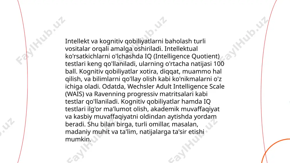 , testlar, intervyular, 360 darajalab baholash tizimi. statistikaga ko‘ra, samarali yaroqlilik baholash tizimi joriy etilgan tashkilotlar faoliyatida o‘rtacha 25% samaradorlik oshishi kuzatiladi. bundan tashqari, xodimlar o‘rtasida qoniqish darajasi 15-20% ga oshishi mumkin. baholash natijalari malaka oshirish bo‘yicha amaliy chora-tadbirlarni rejalashtirishda muhim rol o‘ynaydi. ... t.me/slaydai_bot ijtimoiy moslashuv va ijtimoiy qobiliyatlar shaxsning jamiyatda muvaffaqiyatli integratsiyalashuvi uchun muhimdir. tadqiqotlar ko'rsatadiki, ijtimoiy qobiliyatlari yuqori bo'lgan insonlar samarali muloqot qila olishadi, nizolarni hal qilishda muvaffaqiyatga erishadilar va jamoatda yetakchilik qobiliyatlariga egalik qilishadi. masalan, 70% boshqaruvchilar kuchli ijtimoiy qobiliyatlarini muvaffaqiyatning muhim omili deb bilishadi. ijtimoiy moslashuv esa insonning turli ijtimoiy muhitlarga tezda moslashish qobiliyati bilan bog'liq bo'lib, bu ko'rsatkich 80% hollarda yuqori darajadagi muvaffaqiyat va baxt hissi bilan bog'liq. shu tufayli maktablar va korxonalar bu qobiliyatlarni rivojlantirishga katta ahamiyat berishadi. psixadiagnostik tekshiruv va tadqiqotlar. xakimova zarnigor e'tiboringiz uchun raxmat! image1.png image2.png image3.png image4.jfif image5.png image6.jfif image7.jfif /docprops/thumbnail.jpeg