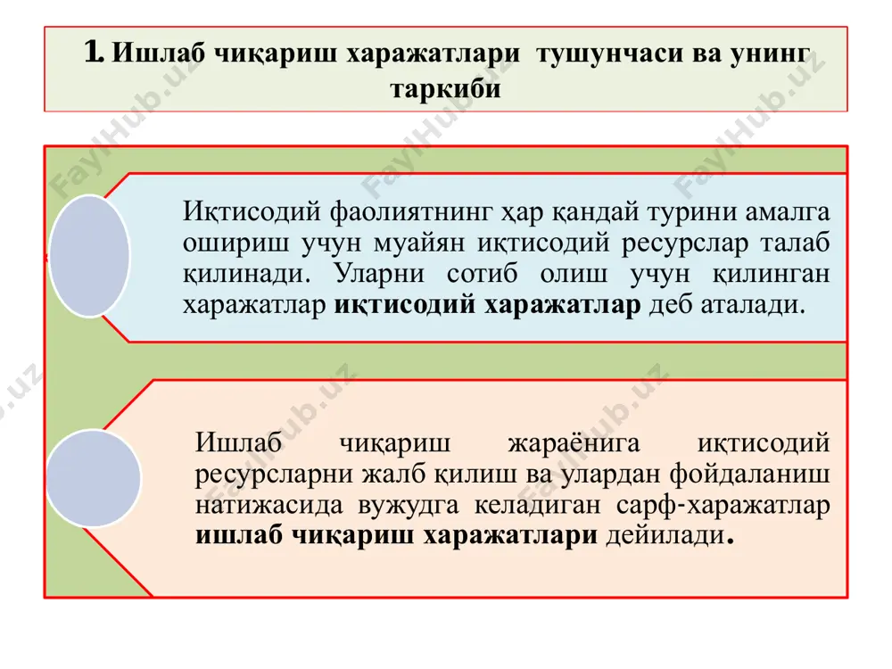ги замон сарф-харажатлар ғояси бўйича корхона ишлаб чиқариш жараёнида фойдаланиладиган ресурслар ўз ресурслари ёки жалб қилинган ресурслар бўлиши мумкин. ii. ишлаб чиқариш ҳажмининг ўзгаришига боғлиқлик даражасига кўра • доимий харажатлар – ишлаб чиқариш ҳажмига боғлиқ бўлмай, ҳатто маҳсулот ишлаб чиқарилмаганда ҳам сарфланадиган харажатлар. • ўзгарувчи харажатлар – ишлаб чиқариш ҳажмига тўғридан-тўғри боғлиқ бўлади. • доимий ва ўзгарувчан харажатлар йиғиндиси умумий ёки ялпи харажатларни ташкил қилади. доимий харажатлар ўзгарувчи харажатлар бошқарув ходимлар маоши корхона тўлов мажбуриятлари хом-ашё солиқлар материал амортизация ажратмалари ёнилғи ижара ҳақи транспорт хизмати қўриқлаш хизмати харажатлари ишчилар иш ҳақи ва шу кабилар учун харажатлар iii. маҳсулот нархига қўшилиш характерига кўра • тўғри ёки бевосита харажатлар – бевосита маҳсулот таннархида акс этади, нарх таркибига киради. • эгри ёки билвосита харажатлар – маҳсулот таннархида акс этмайди, маҳсулот нархига устама ҳисобланади. 2. ўртача харажатлар ва уларнинг турлари. • маҳсулот (ёки хизмат) бирлигини ишлаб чиқаришга сарфланган харажатлар ўртача харажатлар деб аталади. • …