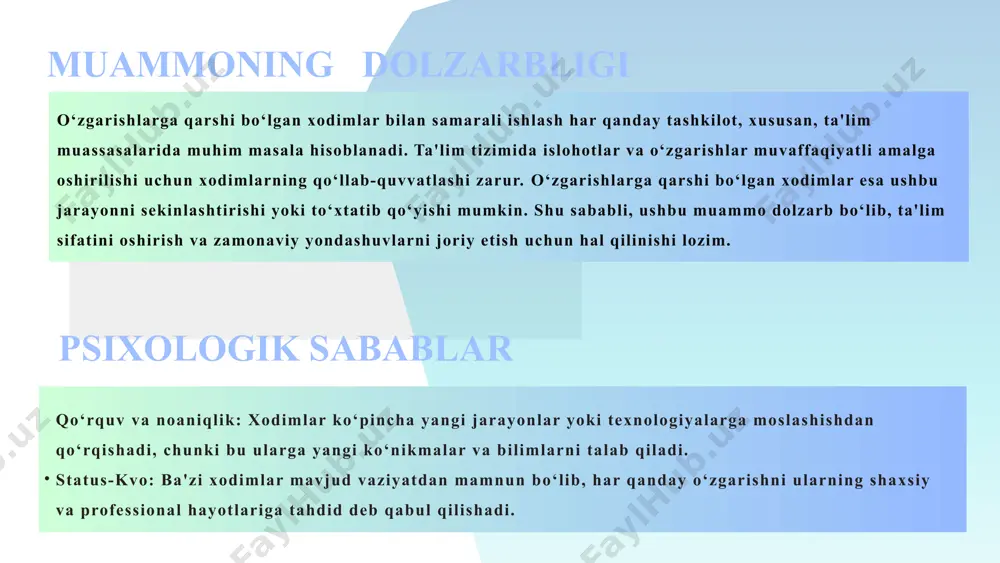 o‘g‘risida”gi qonun (2024 yil 1.02 o‘rq-901) umumiy o‘rta ta’lim muassasalarining o‘rnak ko‘rsatgan xodimlarini moddiy rag‘balanirish tartibini takomillashtirish to‘g‘risida”gi (2019 yil 30.09 dagi vazirlar mahkamasining 823-sonli qarori) me’yoriy-huquqiy hujjatlar 4 ken xorijiy adabiyotlar tahlili adabiyotlarni tahlil qilish orqali quyidagi asosiy mavzular yoritiladi: o‘zgarishlar va innovatsiyalarni boshqarish (john p. kotter, "leading change") xodimlarning qarshiligini kamaytirish usullari (peter m. senge, "the fifth discipline") ta'lim tizimidagi islohotlar va ular bilan bog‘liq muammolar (michael fullan, "the new meaning of educational change") mahalliy adabiyotlar tahlili ta’lim menejmenti. toshkent “varis nashryoti” 2006.r.x.djurayev, s.t.turg‘unov boshqaruv psixologiyasi.toshkent-2008 o.hayitov, s.djalolova. menejment nazariyasi .toshkent. “tafakkur-bo‘stoni”. 2011. dilorom qosimova menejment. toshkent-2019 o.pardayev maqsadi maktabda o‘zgarishlarga qarshi bo‘lgan xodimlar bilan samarali ishlash jarayonlarini yoritish hisoblanadi maktabda pedagogik jamoaning psixologik xususiyatlarini aniqlash xodimlarni maktabda bo‘layotgan o‘zgarishlarga qarshi bo‘lish sabablarini aniqlash maktablarda o`zgarishlarga qarshi bo‘lgan xodimlar bilan samarali ishlash mexanizimlarini yo‘lga qo‘yish amalga oshirilgan ishlar tahlili vazifalar 7 kanada finlandiya singapur rivojlangan mamlakatlardan uchta misol …