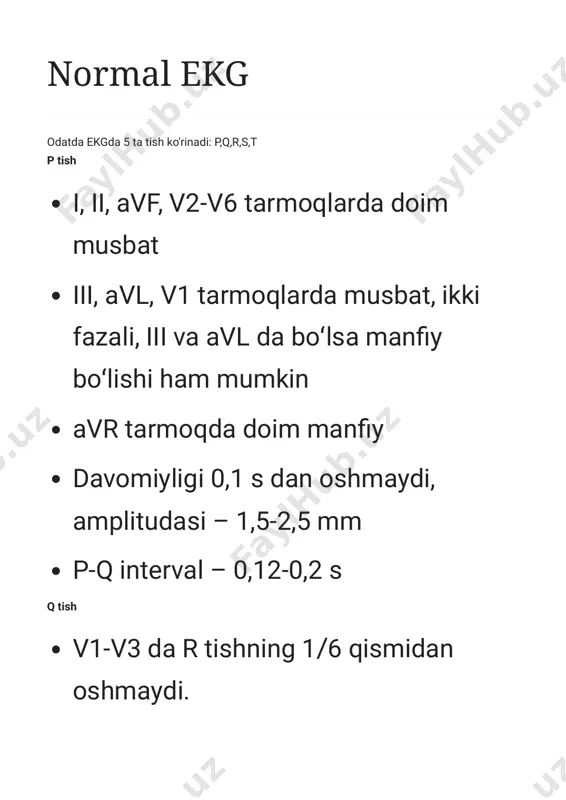 ak tarmoqlarida v1 dan v4 gacha amplitudasi ortib boradi, keyin kamayib boradi. rv1,v2 qoʻzgʻalishning qorinchalararo toʻsiq va oʻng qorincha boʻylab tarqalayotganini koʻrsatadi. rv4,v5,v6 qoʻzgʻalishning chap qorincha va qisman oʻng qorincha boʻylab tarqalayotganini koʻrsatadi. amplitudasi standart va kuchaytirilgan tarmoqlarda 20, koʻkrak tarmoqlarida 25 mm gacha. avr va v1 da 3-4 mm boʻladi. s tish amplitudasi turli tarmoqlarda katta farq qiladi, lekin 20 mm dan oshmaydi. v1 dan v4 gacha amplitudasi pasayib boradi, v5,6 da yoʻqolishi ham mumkin. qrs 0,1 s dan oshmaydi. t tish: rs-t segment standart va kuchaytirilgan tarmoqlarda izoliniyada joylashgan (±0,5 mm) v1-v3 izoliniyadan koʻtarilishi mumkin (<2 mm), v4,5,6da boʻlsa pasayishi mumkin (<0,5 mm) t tish i, ii, avf, v2-v6 da doim musbat iii, avl va v1 da musbat, ikki fazali yoki manfiy boʻlishi mumkin. avrda doim manfiy. amplitudasi standart va kuchaytirilgan tarmoqlarda 5-6 mm gacha, koʻkrak tarmoqlarida 15-17 mm gacha boʻlishi mumkin. davomiyligi 0,16-0,24 s. 1. https://t.me/cardio_03_15 adabiyotlar …
