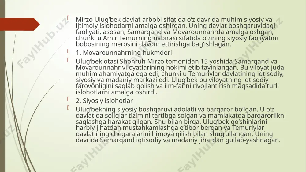 ing o‘zi ham ularga rahnamolik qilib, ilmiy masalalarda faol ishtirok etgan. 4. siyosiy mojaro va o‘limi mirzo ulugʻbek davlat boshqaruvida qanchalik muvaffaqiyatli bo‘lmasin, uning o‘g‘li abdullatif bilan bo‘lgan murakkab munosabatlari uning hukmronligiga soya solgan. ulug‘bekning hukmronligi siyosiy qarama-qarshiliklar bilan yakunlangan. u o‘z o‘g‘li tomonidan 1449-yilda taxtdan ag‘darilgan va qisqa vaqt o‘tib o‘ldirilgan. mirzo ulugʻbek davlat arbobi sifatida xalq farovonligi va adolatli boshqaruvni yo‘lga qo‘yishga intilgan. shu bilan birga, u o‘z davrining buyuk olimi sifatida tarixda o‘chmas iz qoldirgan. mirzo ulugʻbek o‘z zamonining buyuk olimi sifatida ilm-fanga qo‘shgan hissasi beqiyosdir. u, ayniqsa, astronomiya va matematika sohasida katta yutuqlarga erishgan. uning ilmiy ishlari o‘z davrida ham, keyinchalik ham dunyo olimlari tomonidan yuqori baholangan. 1. samarqand rasadxonasi mirzo ulugʻbekning eng yirik ilmiy loyihalaridan biri 1420-yilda samarqandda qurilgan ulkan rasadxona (observatoriya)dir. bu rasadxona dunyodagi eng yirik astronomik markazlardan biri bo‘lgan va o‘sha davrning ilg‘or ilmiy asboblari bilan jihozlangan. ulugʻbekning rasadxonasida amalga oshirilgan kuzatishlar juda …