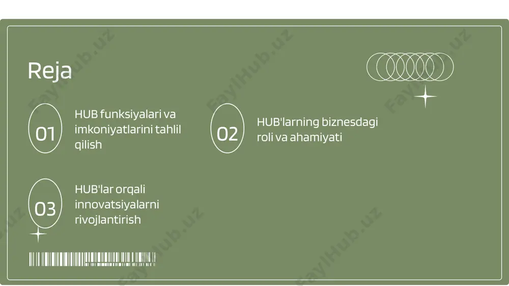 arshi kurash usullari: 1) moliya yetishmovchiligi bilan shug'ullanish uchun grantlar va investitsiyalarni jalb qilish; 2) raqobatbardosh bozor sharoitiga moslashish; 3) ijtimoiy va madaniy jihatlarni hisobga olish.\n\nhub'larni rivojlantirish uchun zarur bo'lgan resurslar: 1) malakali mutaxassislar; 2) innovatsion resurslar va texnologiyalar; 3) o'zaro hamkorlik va aloqa tarmoqlari. photo by brooke cagle on unsplash innovatsiyalarni qo'llab-quvvatlash hub'lar biznes jarayonlarini optimallashtirish va innovatsiyalarni amalga oshirishda muhim rol o'ynaydi. ular resurslarni birlashtirib, tadbirkorlarga yangi g'oyalarni amalga oshirish imkonini beradi. cheklangan resurslar ba'zi hub'lar mablag' va infratuzilma jihatidan cheklangan bo'lishi mumkin, bu esa ularning samaradorligini pasaytirishi mumkin. xalqaro hamkorlik hub'lar orqali tashkilotlar xalqaro tajribalarni o'rganish va yangi bozorlarni kashf etish imkoniyatiga ega bo'ladilar, bu esa innovatsiyalarni rag'batlantiradi. raqobat kuchayishi hub'lar orasida kuchli raqobat mavjud, bu esa ularning o'zini oqlashi va innovatsion yechimlar taklif etishini talab qiladi. s w o t hub'lar va hamkorlik munosabatlari hub'larning rivojlanishi hub'lar biznes va akademik sektorlar o'rtasidagi hamkorlikni rivojlantirishda muhim rol …