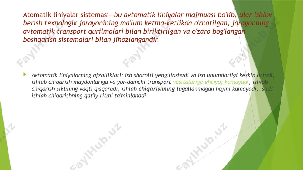 . yopiq liniyalar doiraviy va to'g'ri burchakli bo'ladi. doiraviy liniyalar bo'linuvchi stol yoki barabandan foydalanib, ish-chi pozitsiyalar soni ko'p bo'lmagan hollarda qo'llaniladi. bunday liniyalarni ba'zan stanok-kombayn deb ataydilar. ishlov beriladigan detallarni transportirovka qilish usuli bo'yicha ochiq va transportyori chetga chiqarilgan liniyalar bo'ladi. zamonaviy avtomatik liniyalar sistemasi murakkab sistema bo'lib, stanoklar, transportyorlar zagotovkalarni o'rnatib mahkamlash, o'lchamlarni nazorat qilish va shunga o'xshash ishlarni bajarish uchun mo'ljallangan har xil moslamalar va qurilmalardan tashkil topadi. bunker qurilmalarining mavjudligi bo'yicha liniyalarning uch turi bo'ladi (17.2-rasm): qayta sozlanuvchi avtomatik liniyalar qayta sozlanmaydigan avtomatikliniyalar kabi bir xil unifikatsiya qilingan uzellar va qurilma-lardantuziladi. faqat qayta sozlanuvchi liniyalar tarkibiga rezerv pozitsiyalarkiritilib, ular oldindan boshqa zagotovkalar uchun baza va mahkamlashqurilmalari bilan ta'minlangan bo'ladi. shuningdek buriluvchanqurilmalarga ega bo'lgan kuch mexanizmlari ham qo'llaniladi. agregat stanoklari, ularning tarkibi, afzallik va kamchiliklari agregat stanoklari deb shunday stanokiarga aytiladiki, ular bir necha maxsus (original) detallardan foydalanib turib, asosan stan-dartlashgan (unifikatsiya qilingan) uzel va detallardan yig'iladi. …