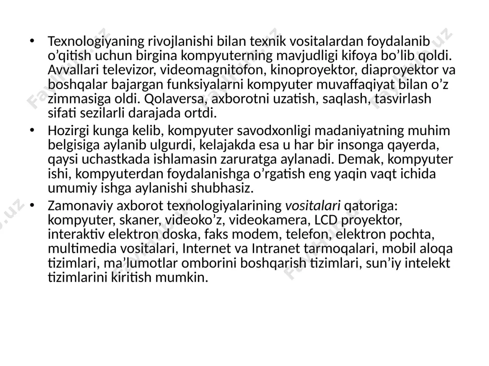 alar trenajyorlari (tugmachalar majmuidan tugmachalarga qaramasdanma’lumot kiritish, dasturiy vositalarni dastlabki o’zlashtirish va x.k.). o‘quv-tarbiya jarayonida kompyuterlar asosan to’rt tartibda: passiv qo’llash – kompyuter oddiy hisoblagich kabi; reaktiv muloqоt – kompyuter imtihon oluvchi sifatida; faol muloqоt – kompyuter talabaga yo’l – yo’riq berish va imtihon olishda; interfaol muloqоt – kompyuter sun’iy intellekt sifatida, ya’ni talaba bilan muloqat qilishda foydalaniladi. ta’limda zamonaviy axborot va kommunikasiya texnologiyalarini keng joriy etilishi: fan sohalarini axborotlashtirishni; o’quv faoliyatni intellektuallashtirishni; integrasiya jarayonlarini chuqurlashtirishni; ta’lim tizimi infratuzilmasi va uni boshqarish mexanizmlarini takomillashtirishga olib keladi. pedagogik ta’lim jarayonlarini zamonaviy axborot texnologiyalari asosida samarali tashkil etish: masofaviy o’quv kurslarini va elektron adabiyotlarni yaratuvchi jamoaga pedagoglar, kompyuter dasturchilar, tegishli mutaxassislarning birlashuvini; pedagoglar o’rtasida vazifalarning taqsimlanishini; ta’lim jarayonini tashkil qilishni takomillashtirish va pedagogik faoliyatning samaradorligini monitoring etishni taqozo etadi. zamonaviy axborot texnologiyalarining ta’lim jarayonlariga joriy etilishi: talabaga kasbiy bilimlarni egallashiga; o’rganilayotgan hodisa va jarayonlarni modellashtirish orqali fan sohasini chuqur o’zlashtirilishiga; o’quv faoliyatining …