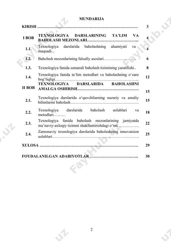texnologiya darslarida baholash mezonlarini to‘g‘ri shakllantirish va tatbiq etish bugungi kunda dolzarb masalalardan biri hisoblanadi. kurs ishining maqsadi: ushbu kurs ishining maqsadi texnologiya darslarida baholash mezonlarini tahlil qilish, zamonaviy ta’lim tizimida ularning tutgan o‘rni va samaradorligini o‘rganishdan iborat. o‘quvchilarning bilim, ko‘nikma va malakalarini obyektiv baholash uchun turli baholash usullarining o‘rganilishi, ularning amaliyotda qo‘llanilishi va natijalari tahlil qilinadi. kurs ishining obyekti: kurs ishining obyekti sifatida texnologiya darslarida qo‘llaniladigan baholash mezonlari va ularning pedagogik jarayondagi roli olinadi. o‘quvchilarning bilim va ko‘nikmalarini baholash tizimi, uning an’anaviy va innovatsion yondashuvlari, shuningdek, ta’lim samaradorligini oshirishga qaratilgan baholash usullari tahlil qilinadi. baholash jarayonida o‘qituvchining roli, o‘quvchilarning amaliy ishlarini baholash metodikasi va natijalarning ob’ektivligini ta’minlash muhim jihatlar sifatida ko‘rib chiqiladi. bundan tashqari, texnologiya fanida baholash mezonlarini ishlab chiqish va tatbiq etishning dolzarbligi hamda baholashning kelajakdagi rivojlanish istiqbollari o‘rganiladi. i bob. texnologiya darslarining ta’lim va baholash mezonlari. 1.1. i texnologiya darslarida baholashning ahamiyati va maqsadi.. ta’lim jarayonining samaradorligini …