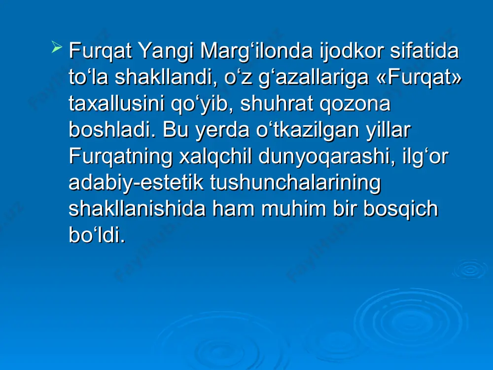 ralib qoladigan odamning kayfiyatini aks ettirdi. masalan, istanbuldan yozgan «sabog‘a xitob» she’riy maktubida vatan ishtiyoqi, do‘stlar sog‘inchi, g‘urbat azoblari va yolg‘izlik motivlari birinchi o‘ringa chiqqan. furqat istanbuldan bulg‘oriya va yunonistonga o‘tdi. bolqon yarim orolining qator shaharlarida bo‘ldi. 1892 yilning martida istanbuldan o‘rta dengiz orqali arabistonga — makka, jidda, madina shahrilariga bordi. makkadagi haj ziyorati munosabati bilan «hajnoma» asarini yaratdi. so‘ng bombayga keldi, hindistonning qator viloyatlariga sayohat qildi. uning bu davrda yozgan nasriy va nazmiy maktublarida tushkunlik, ona yurt sog‘inchi va iztiroblari aks etgan. «adashganman» radifli hamda «kashmirda», «bulbul» deb nomlanuvchi lirik she’rlar turkumi shu jihatdan o‘ziga xos hijronnomadir. furqatning publitsist sifatidagi faoliyati 1890 yildan boshlandi. «turkiston viloyatining gazeti»ga rasman ishga kirdi, gazetani tayyorlashda bevosita qatnashdi. bir yildan ko‘proq vaqt mobaynida sattorxon kabi ilg‘or ma’rifatparvarlar bilan hamkorlikda ishlab, gazeta sahifalarida o‘z maqolalarini e’lon qildi. masalan, 1891 yil 1-yarmida «xo‘qandlik shoir zokirjon furqatning ahvoloti. o‘zi yozgoni» publitsistik asarini yozib, shu gazetada e’lon …