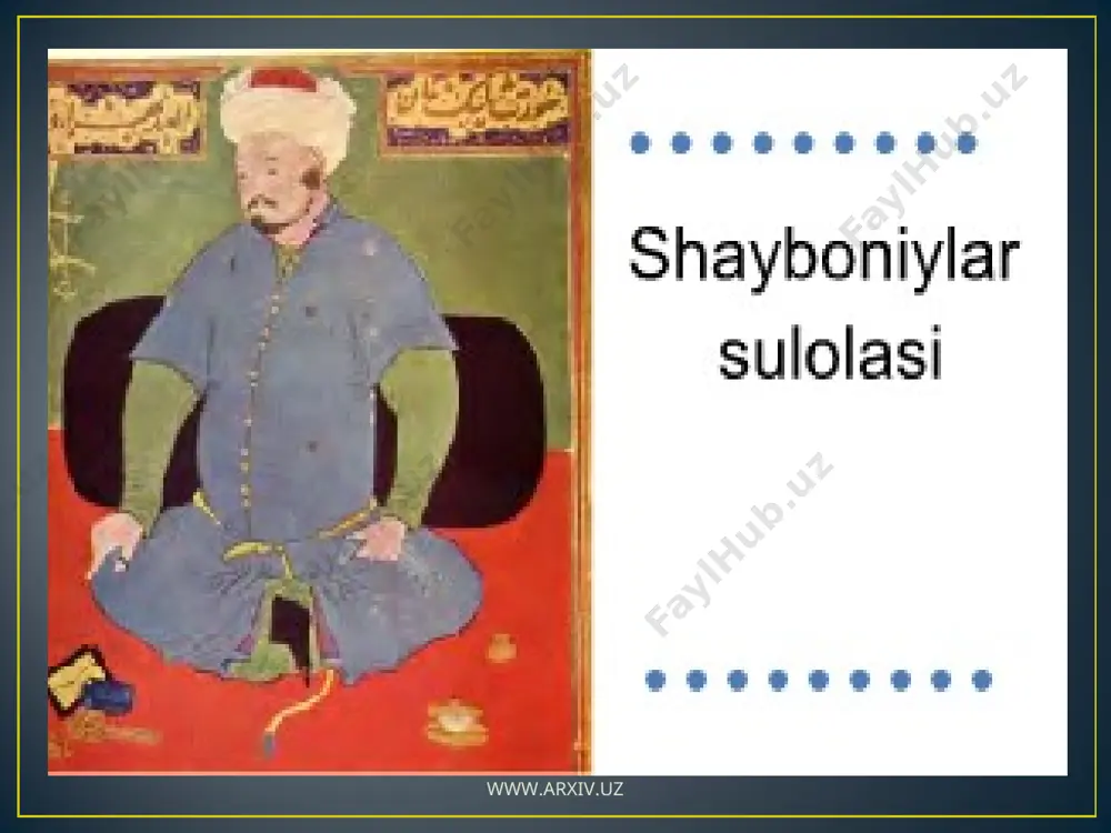 a yurish qilib, buxoroni jangsiz egallagan. 1500 yil samarqandni ham jangsiz qo‘lga kiritgan. samarqand hokimi sulton alining onasiga uylanadi. asta-sekin qarshi va fuzor shaharlari ham shayboniylar tomonidan bosib olinadi. movarounnahrning ikki yirik shaharlarni buxoro va samarqandni jangsiz shayboniyxonnning qo‘liga o‘tishi, uning nafaqat tajribali sarkarda balki yetuk davlat arbobi va aqlli siyosatchi ham ekanligini ko‘rsatadi. 1501 yil toshkentga yurish qilib ko‘plab qal’alalarni qo‘lga kiritadi. www.arxiv.uz www.arxiv.uz shu yillarda shayboniyxon qo‘shinlari o‘ratepa, shosh, shohruhiya, sayramni egallaydi. 1503-1504 yillarda xorazmga yurish qilib, 1505 yil xorazmni bosib olgan. 1507 yil xurosonni bosib oladi. shayboniyxon zamondoshlari tomonidan «xalifa ur-rahmon» va «imom-az-zamon» deb ulug‘langan. shayboniyxon movarounnahr va xurosonni o‘zbek sultonlariga “suyuorg‘ol” sifatida taqsimlab ber-gan edi. keyin shayboniyxon eronni zabt etishga intilgan jangda vafot etadi. taxtga amakisi kuchkunchixon o‘tiradi (1510-1529) undan keyin uning o‘g‘li abu saidxon (1529-1533) o‘tiradi. buxoro viloyati hukmdori ubaydullahon hokimiyatni qo‘lga oladi. (1533-1539) buxoro viloyati har tomonlama rivojlanadi. poytaxt samarqanddan buxoroga ko‘chiriladi. shundan so‘ng …
