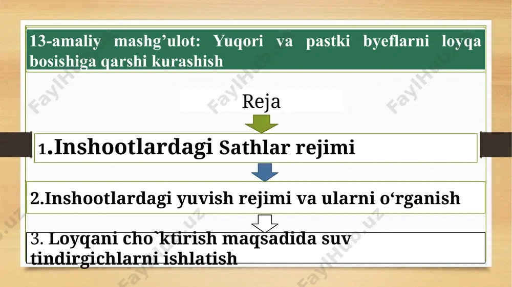 inshootlarigacha cho‘zilib keladi. undan keyin sathni ko‘tarilishi yuqori befni oqizindilar bilan ko‘milishiga yordam beradi. oqizindilar gryadasi gidrouzel stvoriga sekinroq harakat qilib kelishi uchun, toshqin paytida, yuqori befda, sathni iloji boricha yuqoriga ko‘tariladi. tog‘ uchastkalarida, qachonki dim egri chizig‘i uzunligi uncha (1 km atrofida) ko‘p bo‘lmaganda, eng ko‘p sathni toshqin tushgan paytida ham ushlab turiladi, chunki bu vaqtda hali oqizindilarning ko‘p miqdodagi harakati kuzatilmaydi. ko‘ndalang sirkulyasiyasi bor past naporli uzellarda (farg‘ona turidagi) yuqori sathni ushlab turishga zaruriyat bo‘lmaydi, chunki bu erda ko‘ndalang sirkulyasiya kuchayadi va shuning bilan pastki befga oqizindilarni tashlash yaxshilanadi. frontal turdagi suv oluvchi uzellar yuqori beflarini oqizindi bosishini oldini olish uchun, toshqin kelishi bilan sath past ushlanadi, kuzgi-qishqi davrda esa sathni baland ushlashadi. bu shartlarni bajarmaslik yuqori befni qayta shakllanishiga olib keladi va daryo shahobchalanadi, oqizindilardan oralchalar, qumli sayoz joylar hosil bo‘ladi yoki oqizindilarning asosiy gryadasi suv olish uzeli stvoriga qarab siljiydi. yuvish rejimi suv olish uzeli beflarini …