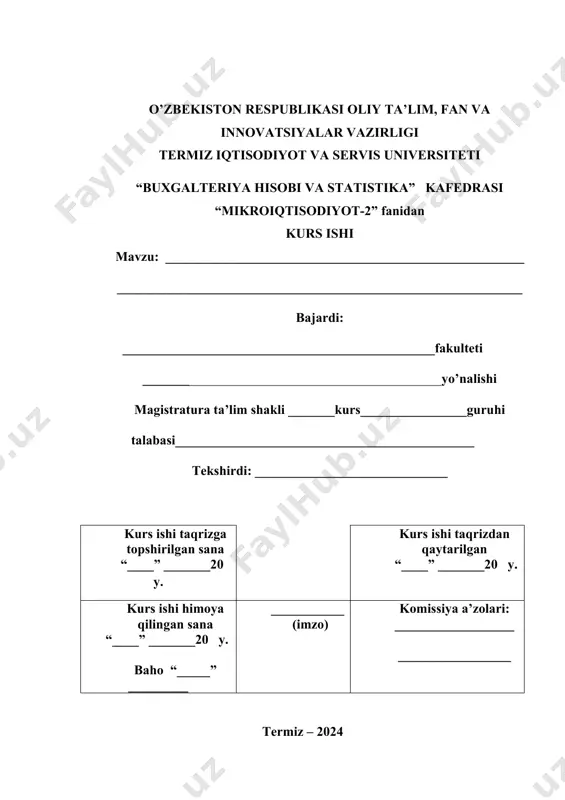 rahbar _________________________________________________ (imzo) termiz iqtisodiyot va servis universiteti kurs ishi (loyihasi) ga t a q r i z talaba________________________________________________________ (ismi va familiyasi) mavzu_________________________________________________________________ ______________________________________________________________________ 1. mavzuning dolzarbligini asoslash_________________________________________ ________________________________________________________________________________________________________________________________________________________2. ishning tarkibini baholash_____________________________________________________ ________________________________________________________________________________________________________________________________________________________ 3. mavzuning baholanishi va uning afzallik tomonlarini ko’rsatish________________________ _____________________________________________________________________________ ishda foydalanilgan adabiyotlarga baho berish_______________________________________ ____________________________________________________________________________ 4.ilmiy munozara yuritish qobiliyatiga baho berish_____________________________________ _____________________________________________________________________________ 5. xulosa va takliflarning ochiqligi va dalillari asoslanganligi___________________________ _____________________________________________________________________________ 6. jadval va grafiklar, chizmalar sifatiga berilgan baho, ishni rasmiylashtirishning talab darajasiga javob berishi_________________________________________________________ 7.ishdagi kamchiliklar__________________________________________________________ ____________________________________________________________________________ 9. mualifning qaysi taklifini ishlab chiqarishga joriy etish maqsadga muvofiq______________ ____________________________________________________________________________ 1
