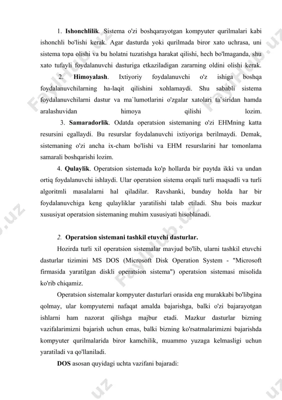 kiritish va chiqarish dasturi (bios nomi bilan ifodalangan); · operatsion sistemani faollashtiruvchi dastur (boot record); · ma`lumotlarni kiritish-chiqarish sistemasini kengaytirish moduli (bio.com); · amallar bajarishda yuzaga kelishi mumkin bo'lgan uzilishlarni tahlil qilish moduli (dos.com); · buyruq protsessori (command.com). (qavs ichida dasturlarning ibm pc guruhiga mansub kompyuterlarda ishlatiladigan nom-lari berilgan. odatda bio.com va dos.com nomining oldiga shu sistemani ishlab chiqar-gan firmaning belgisi qo'yiladi, masalan, ibmbio.com va ibmdos.com). buyruq protsessori. buyruq protsessori (command.com) sistemali diskning ixti-yoriy joyida joylashishi mumkin. buyruq protsessorining asosiy vazifasi foydalanuvchilarning dosga yuborilgan buyruq yoki ko'rsatmalarini qabul qilish, tahlil qilish va, lozim bo'lganda, bajarish hamda foydalanuvchi dasturlarining buyruqlarini qayta ishlashdan iborat. 3. operatsion sistemaning ichki va tashqi buyruqlari. foydalanuvchi va ehm o'rtasidagi muloqat foydalanuvchi tomonidan dosga ketma-ket beriladigan buyruqlar va ko'rsatmalar asosida tashkil etiladi. bu buyruqlar dos tushunadigan til va shaklda bo'lishi kerak. har bir buyruq o'z nomiga ega. buyruqlar nomlaridan tashqari turli o'lchamlar hamda kalitlarga ega bo'lishi mumkin. …