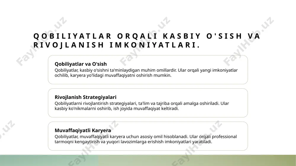 brendni muvaffaqiyatli boshqarish, muntazam ravishda o'z faoliyatingizni baholash, yangiliklarga moslashish va o'z imidjingizni yangilashni talab qiladi. kasbiy rivojlanish jarayonida mentorlikning roli. 01 mentorlik tushunchasi mentorlik, tajribali shaxslarning kamroq tajribali mutaxassislarga yo'l-yo'riq ko'rsatish jarayonidir. bu jarayon kasbiy rivojlanishga katta hissa qo'shadi. 02 mentorning roli mentorlar, o'z bilim va tajribalarini baham ko'rish orqali menteelarining kasbiy maqsadlariga erishishlariga yordam beradi. ular yo'l-yo'riq, maslahat va qo'llab-quvvatlash taklif qiladi. 03 rivojlanish imkoniyatlari mentorlik orqali, menteelar yangi qobiliyatlar o'rganish, tarmoq qurish va kasbiy rivojlanish imkoniyatlarini kengaytirish imkoniyatiga ega bo'ladilar. bu, ularning muvaffaqiyatini oshiradi. 04 o'zbekiston sharoiti o'zbekistonda mentorlik tizimi rivojlanmoqda. mahalliy mutaxassislar, o'z tajribalarini yosh avlodga o'tkazish orqali milliy rivojlanishga hissa qo'shmoqda. innovatsion fikrlash va kasbiy muvaffaqiyat: yangi imkoniyatlar. 1 innovatsion fikrlar innovatsion fikrlar kasbiy muvaffaqiyatga erishishda muhimdir. yangi g'oyalar va echimlar orqali professional sohada raqobatbardosh bo'lish imkoniyatini yaratadi. 2 o'zgaruvchan muhit zamonaviy mehnat bozoridagi o'zgarishlar innovatsion fikrlashni talab qiladi. bu yondashuv ish beruvchilar tomonidan yuqori …