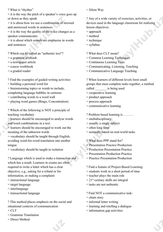 the environmental issues ? when designing listening activities for young learners, all the following principles are useful except: + use listening activities that require only strong-level students to understand the words = use a variety of techniques to make listening input comprehensible = use developmentally appropriate listening activities = use listening activities that reflect real-life listening ? speaking activity involves learners trying to find someone in the group who matches a description + find someone who = pyramid discussion = bingo = information gap ? what is the current estimate of the english vocabulary resource = over two million words = over five million words + over one million words = over three million words ? problem based learning uses……… = real-world tasks + cases studies or scenarios = multidisciplinary approach = often long-term approach ? find not a language skill: = listening + grammar = reading = speaking ? …