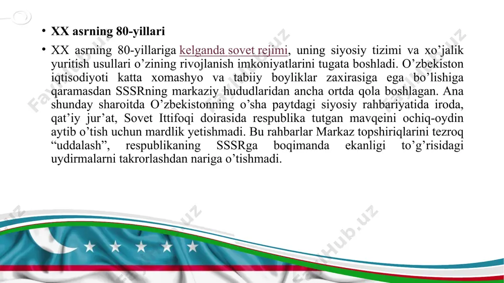 ohalarida qo’shib yozish, poraxo’rlik va korrupsiyaga aloqador jinoyatlar sssr ning deyarli barcha hududlarida yuz bergan bo’lsa ham “tajriba maydoni” sifatida o’zbekiston tanlandi hamda jinoiy ishga aloqador kishilardan tashqari ko’plab odamlar aybsiz jazoga tortildi. kommunistik mafkuraning qatag’on qilichi bu bilan cheklanmasdan paxta ishini o’zbeklar ishiga aylantirishga urindi. qatag’on siyosatini amalga oshirishda markaz rahbariyati va vakillaridan tashqari o’zbekistonning o’sha paytdagi siyosiy rahbariyati, xalqimiz orasidan chiqqan hamd tergovchilar bilan hamkorlik qilgan va ularning g’arazli ishlariga ko’maklashgan yrim qo’rqoq va xoinlar ham faollik ko’rsatdi. bu – tarixning achchiq haqiqati. www.presentationgo.com by: .com © presentationgo.com © copyright presentationgo.com – the free powerpoint template library 10 1989-yilning mayida farg‘onada o‘zbeklar va mesxeti turklari o‘rtasida dahshatli qirg‘inga aylangan ommaviy to‘qnashuvlar boshlanib ketdi, butun farg‘ona olov ichida qoldi. ziddiyat to‘lqini o‘sha kezlar respublika aholisining qariyb yarmi yashayotgan farg‘ona vodiysini butunlay o‘z domiga olishi mumkin edi. farg‘ona hodisalari payti 100 dan ziyod kishi qurbon bo‘ldi, mingga yaqin inson jarohatlandi, …