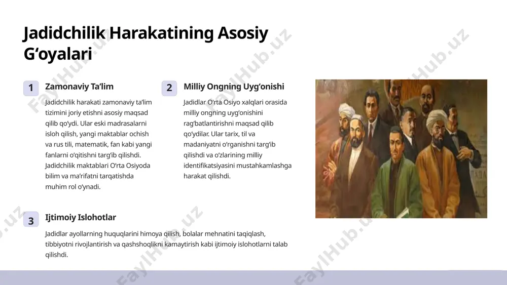 n baʼzi guruhlarning qarshiligiga duch kelgan. ular jadidlarni anʼanaviy qadriyatlarga tahdid deb hisoblashgan va ularga qarshi chiqishgan. 3 ichki nizo jadidchilik harakati oʻz ichida turli gʻoyalar va qarashlarning boʻlganligi sababli ichki nizolarga duch kelgan. bu nizolar harakatning birlashishini va samaradorligini pasaytirgan. 7 jadidchilik harakatining meroslari 1 taʼlim tizimining rivojlanishi jadidchilik harakati oʻrta osiyoda zamonaviy taʼlim tizimining rivojlanishiga katta hissa qoʻshgan. ularning gʻoyalari keyinchalik oʻquv tizimini takomillashtirish va bilim darajasini oshirishga olib kelgan. 2 milliy ongning mustahkamlanishi jadidlar oʻrta osiyo xalqlarining milliy ongiga katta taʼsir koʻrsatgan va ularning oʻz tarixi, tili va madaniyatiga qiziqishini uygʻotgan. bu milliy identifikatsiyani mustahkamlashga va oʻz oʻzini anglashga olib kelgan. 3 ijtimoiy islohotlar jadidlar ayollarning huquqlarini himoya qilish, bolalar mehnatini taqiqlash, tibbiyotni rivojlantirish va qashshoqlikni kamaytirish kabi ijtimoiy islohotlarni talab qilishdi. ularning gʻoyalari keyinchalik jamiyatning rivojlanishiga ijobiy taʼsir koʻrsatgan. 8 foydalanilgan adabiyotlar jadidchilik va uning turkiston adabiyotiga taʼsirijadidchilik va uning tarixiy o‘rni haqida ilmiy maqolalar turkiston …