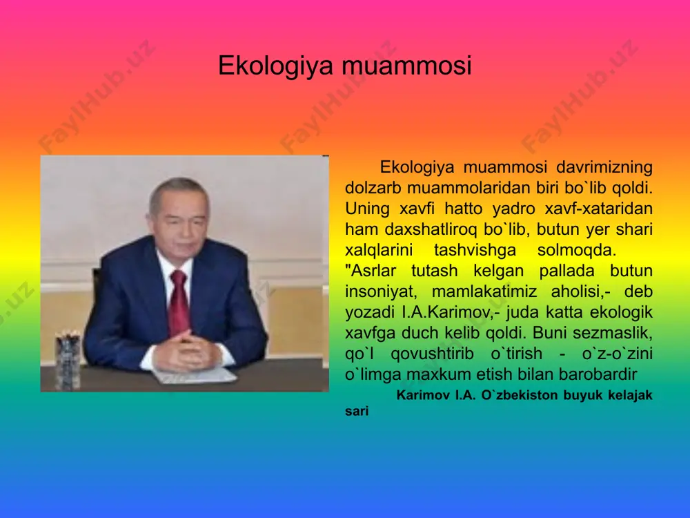 l eroziyasi) natijasida tuzlar minglab kilometrgacha bo`lgan masofada atrof muhitni ifloslantirdi, natijada amudaryo va sirdaryo suvlarini og`ir metallar, pestitsid, gerbitsid kabi kimyoviy moddalar bilan ifloslanishi va sho`rlanishi natijasida ularning suviniichimlik suvi sifatida foydalana bo`lmasligini mutaxassislar isbot qilib berishdi. qachonlardir baliqchilik va ov qilish maskani bo`lgan qo`yi amudaryo qurigan qoldiq ko`llar va sho`rlangan tuproqlar maskaniga aylanib qoldi. ekologik inqirozga misol 5 "ekologiya" so`zi birinchi bor "ekologiya" so`zini (grekchada "oikos" - uy, yashash joyi, "logos" - fan, ta'limot) fanga nemis biolog olimi ernest gekkel tomonidan olib kirilgan. charlz darvinning tirik organizmlarning evolyutsion rivojlanish qonuniyatlarini keng tadbiq qilgan e.gekkel 14 sentabr 1866 yil "umumiy morfologiya" kitobining so`z boshida ekologiya haqidagi fikrlarni bayon etgan. bu fan sohasi aynan xix asrning ikkinchi yarmida yevropa qit'asining eng rivojlangan qismida biolog olimlar tomonidan e'tirof etilishi bejiz emas edi, chunki o`sha vaqtda ayni sanoati burkirab rivojlangan germaniyada atrof tabiiy muhit holatining keskin ravishda yomonlashuvi rur xavzasida ekologik inqirozli …