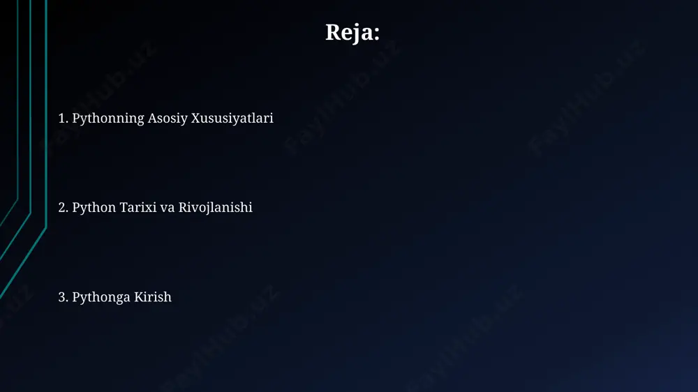 nomini va unga beriladigan qiymatni belgilash kifoya. masalan, `x = 10` yoki `ism = "ali"`. python da 2 ta asosiy operator turi mavjud: arifmetik operatorlar ( +, -, , /, //, %, ) va taqqoslash operatorlari (==, !=, >, =, <=). ular matematik va mantiqiy hisob-kitoblarni amalga oshirish uchun ishlatiladi. python muhitini sozlash python muhitini sozlashda, operatsion tizimingizga mos keladigan python 3.9 yoki undan yuqori versiyasini yuklab olish va o'rnatish kerak, shuningdek, path o'zgaruvchisini to'g'ri sozlash muhim ahamiyatga ega. idle yoki vs code kabi rivojlantirish muhitiga ehtiyoj seziladi. ular sintaktik tahlil, avtomatik to'ldirish va kodni xatosiz yozish imkoniyatini beradi, bu esa kodlash samaradorligini 20% ga oshiradi. irsiyat va polimorfizm python'da irsiyat va polimorfizm 3-darajali yoki undan yuqori darajadagi murakkab dasturlar yaratishda muhim rol o'ynaydi, kodni tuzilishini va boshqarilishini yaxshilaydi. irsiyat, obyektga ota-klass xususiyatlarini 1 dan ortiq meros qilib olish imkonini beradi, bu kodni qayta ishlashni soddalashtiradi va takrorlanishni kamaytiradi. ma'lumot …