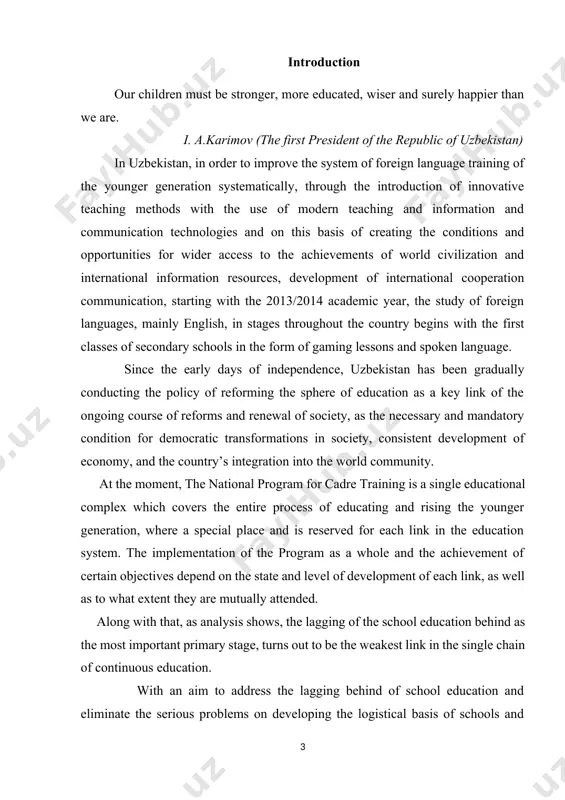 ary schools, electronic resources for learning english in primary schools were created, more than 5000 secondary schools, professional colleges and academic lyceums were equipped with language laboratories. [1: “on measures to further improvement of foreign language learning system ”xalq so’zi december 10, 2012.] however, analysis of the current system of organizing language learning shows that learning standards, curricula and textbooks do not fully meet the current requirements, particularly in the use of advanced information and media technologies. education in mainly conducted in traditional methods. further development of a continuum of foreign languages learning at all levels of education; improving skills of teachers and provision of modern teaching materials are required. according to the decree, starting from 2013/2014 school year foreign languages, mainly english, gradually throughout the country will be taught from the first of schooling in the form of lesson-games and speaking games, continuing to learning the alphabet, reading and …