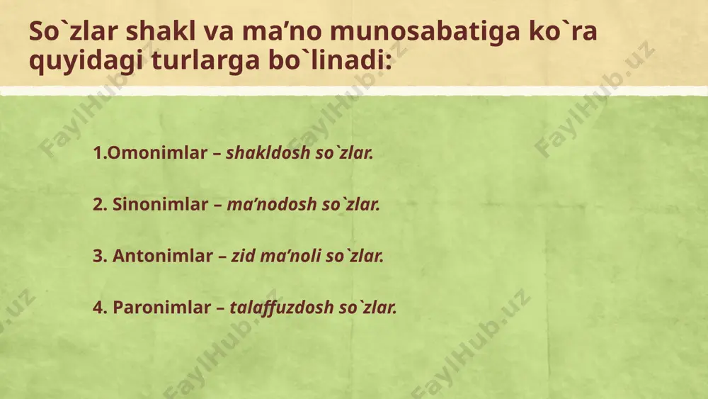 rtasidagi shakldoshlikni ham kuzatish mumkin: oting nima? olmani oting.bunda–ing egalik va shaxs-son qo`shimchasi sifatida omonimlik hosil qilgan. demak,omonimlar lug'aviy (leksik) va affiks omonimlarga bo'linadi. 4 sinonimlar sinonimlar (qadimgi yunoncha: σύν va ὄνυμα — bir nomli) — bir umumiy maʼnoga ega boʻlgan (denotativ maʼnosi bir xil), qoʻshimcha (konnotativ) maʼnosi (ekspressiv,) uslubiy va boshqa munosabat kabilarni ifodalovchi xususiyatlari) bilan oʻzaro farqlanadigan til birliklari — soʻz, ibora, sintaktik birlik va boshqa, boshqatdan, qayta, qaytadan, yangidan, yana, takror kabi soʻzlari sinonim soʻzlar hisoblanadi. til birliklari bir xil maʼnoga ega boʻlish hodisasi sinonimiya deyiladi. bu hodisa qanday til birliklariga xosligiga qarab, lugaviy (leksik) sinonimiya, frazeologik sinonimiya, sintaktik sinonimiya kabilarga boʻlinadi. oʻzaro sinonim boʻlgan soʻzlar guruhi sinonimik qator deyiladi. sinonimik qator 2 va undan ortiq soʻzlardan tashkil topadi. mas, buloq — chashma sinonimik qator 2 soʻzdan, yuz, aft, bashara, bet sinonimik qator esa koʻp soʻzlardan tuzilgan. koʻp maʼnoli soʻzlar muayyan maʼnosi yoki maʼnolari bilan bir yoki …
