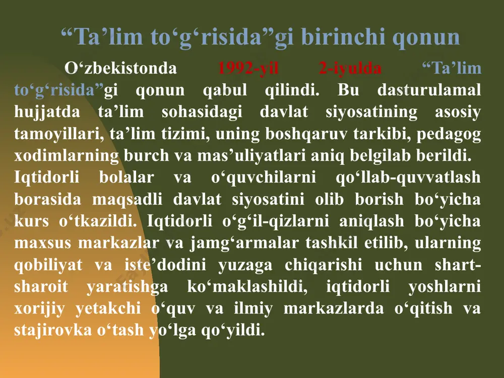 jlangan mamlakatlari tajribasidan foydalanish zarurligini taqazo qildi. 2017-yil umumta’lim va o‘rta maxsus kasb-hunar ta’limi tizimida tub islohotlar yili bo‘ldi. xalq qabulxonalari va prezidentning virtual qabulxonasiga tushgan taklif va mulohazalar, shuningdek, respublika maktablaridagi bitiruvchilarning ota-onalari o‘rtasida o‘tkazilgan so‘rovnoma natijalaridan kelib chiqib, prezident shavkat mirziyoev tashabbusi bilan 9+3, ya’ni 12 yillik majburiy ta’limdan 11 yillik ta’limga o‘tildi. 2017-yil 16-noyabrda o‘zbekiston respublikasi prezidentining “respublika oliy ta’lim muassasalari bakalavriatiga kirish test sinovlarini o‘tkazish tartibini takomillashtirish to‘g‘risida”gi qarori qabul qilindi. qarorga muvofiq oliy ta’lim muassasalari bakalavriatiga o‘qishga qabul qilish bo‘yicha kirish test sinovlarini o‘tkazish tizimini takomillashtirish yuzasidan quyidagilarni nazarda tutuvchi takliflari ma’qullangan:  2018/2019 o‘quv yilidan boshlab oliy ta’lim muassasasiga qabul qilish bo‘yicha kirish test sinovlarini 1 avgustdan 15 avgustgacha bo‘lgan davrda o‘tkazish;  kirish test sinovlari natijalarini test o‘tkazilgan kunning ertasiga davlat test markazining rasmiy veb-saytida e’lon qilish;  abiturientdan alohida iqtidor talab etiladigan madaniyat, san’at, dizayn, tasviriy va amaliy san’at, san’atshunoslik, musiqiy ta’lim, …
