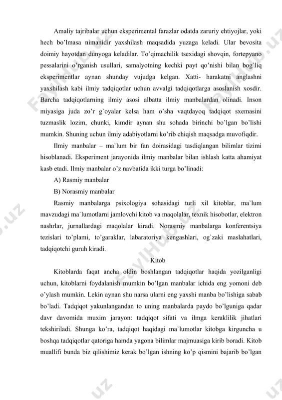 aholash deganda bir necha hurmatga sazovor olimlar maqolani o’qib o’zaro kelishib unga “sifat belgisini” berishadi. ko’pchilik jurnallar chop etishga tanlangan maqolalar shu bosqichdan o’tishi talab etadi, lekin kitob nashr etuvchilar buni kamdan- kam talab etadilar. kutubxonadan kitob qidirish. ko’pchilik kutubxonalarda mavjud kitoblarning elektron katalogi mavjud. bunday hollarda ishni kerakli kitob nomi, muallifi yoki mavzu nomini kompyuterga kiritishdan boshlash kerak. monitor ekranda berilgan talabga javob beruvchi kitoblar haqidagi ma`lumotlar chiqadi. internetga ulangan kompyuter orqali ham kitob qidirish mumkin ammo uni qo’lga kiritshga bir qadar muammollar bo’lishi mumkin. kutubxonaga borishdan avval psixologiya asoslaridan aynan o’sha mavzuga bag`ishlangan turli xil kitoblarni ham ko’rib chiqish mumkin. ko’pchilik o’quv qo’llanmalari shu mavzuni boshlanishiga kerakli matnlarni tavsiya etishi mumkin. ma`lum mavzudagi ma`lumotlarni jamlovchi kitob va maqolalar ba`zi manbalar psixologiyaning ba`zi sohalarini birlashtirishga xizmat qiladi. bu manbalar kitoblarga nisbatan hozirgi davr ruhiga yaqinroqdir shu bilan birga tadqiqotlarning istiqbollilik darajasini baxolashga ham ko’p vaqt ajratmaydi. byulletendagi maqola boshlang`ich …