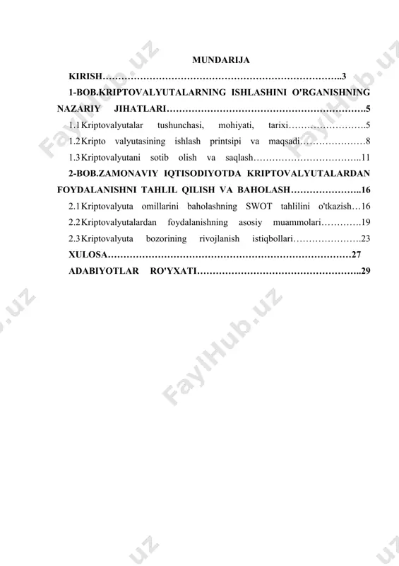 i o'rganishdir. ushbu maqsadga erishish uchun quyidagi vazifalar bajarilishi kerak: · kriptovalyutalar tushunchasi va mohiyatini ko'rib chiqing · kriptovalyutaning ishlash printsipi va maqsadini o'rganing · kriptovalyutani olish va saqlash mexanizmlarini o'rganing · swot tahlil mexanizmini ko'rib chiqing · kriptovalyutalardan foydalanishning asosiy muammolarini aniqlash · kriptovalyutalarning rivojlanish istiqbollarini baholash maqsadga muvofiq quyidagi vazifalar qo'yildi va hal qilindi: kriptovalyutalardan foydalanish xavfsizligini baholash va kelgusida ko'rib chiqish. texnologiyaning bo'yin rivojlanishi tadqiqot ob'ekti - kriptovalyutalar va kriptoaktivlar bilan bog'liq birjalar, shuningdek, operatsiyalarni amalga oshirish jarayoni tadqiqot predmeti kriptovalyutaning shakllanishi va rivojlanishiga, shuningdek uning bozorda aylanishiga hissa qo'shadigan ijtimoiy-iqtisodiy munosabatlar to'plamidir. belgilangan vazifalarni hal qilish uchun quyidagi usullar qo'llanildi: tizimli va qiyosiy tahlil, sintez, statistik ma'lumotlarni tahlil qilish, deduksiya. tadqiqot uchun axborot bazasi nashrlar, ilmiy nashrlar va darsliklar edi. kurs ishi kirish, ikki bob, xulosa va foydalanilgan adabiyotlar ro‘yxatidan iborat. kirishda mavzuning dolzarbligi asoslanadi, tadqiqotning maqsad va vazifalari shakllantiriladi, tadqiqot ob'ekti va predmeti ko'rsatiladi. birinchi …