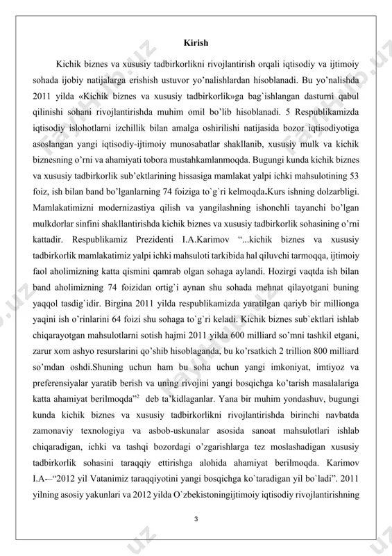 l taqchilligi sharoitida ko’p mablag` talab etmaydigan xo’jalik faoliyati sifatida resurslar aylanmasining yuqori suratlarini ta’minlaydi, iqtisodiyotni qayta qurish, iqtisodiy nobarqarorlik va resurslar cheklanganligi sharoitida iste’mol bozorini shakllantirish va uni to’ldirish muammosini tez hamda tejamli tarzda hal etadi. kichik korxonalar iste’mol talabining o’zgarishiga darhol moslashadi va shu yo’l bilan iste’mol bozoridagi zaruriy muvozanatni ta’minlaydi. kichik biznes yangi ish o’rinlarini yaratishi bilan ishsizlik muammosini hal etishda muhim rol o’ynaydi. hozirgi paytda ushbu soha nafaqat iqtisodiyotning o’sish sur’atlarini jadallashtirishda, balki mamlakatimiz uchun nihoyatda muhim bo’lgan bandlik va aholi daromadlarini oshirish masalalarini hal etishda ham yetakchi o’rin tutmoqda. oxirgi yillarda respublikamizda kichik biznes va xususiy tadbirkorlik bilan shug`ullanuvchi korxonalar soni yil sayin ortib borayotgani soha izchil rivojlanayotganligidan dalolat beradi. mustaqillik yillari mobaynida mamlakatimizda kichik biznes va xususiy tadbirkorlikni rivojlantirishning iqtisodiy va huquqiy asoslari yaratilganligini qayd etish joiz. natijada kichik biznes va xususiy tadbirkorlik sub’ektlarining ijtimoiy-iqtisodiy holati sezilarli darajada yaxshilandi. biroq, amalga oshirilgan ishlar ko’lamiga …
