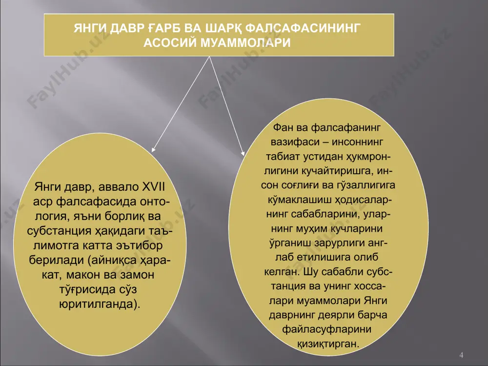 н афзаллиги – билиш жараёнининг интенсификациялашуви имкониятининг кенгайишидадир. - индукциянинг камчилиги – унинг ишончли эмаслиги, тахминий хусусияти (агар, бир қанча нарса ёки ҳодисаларнинг умумий белгилари бўлса, мазкур белгилар шу турга кирувчи барча нарса ва ҳодисаларда мавжуд дегани эмас; ҳар бир алоҳида ҳолатда тажриба ёрдамида синаб кўриш, индукцияни тасдиқлаш зарурати вужудга келади). * билиш фаолияти кечадиган аниқ йўллар «ўргимчак йўли» - «соф тафаккурдан билимга эга бўлиш, яъни рацион-диетик йўл билан. мазкур йўл аниқ далиллар, амалий тажрибани инкор этади ёки аҳамиятини сезиларли даражада пасайтиради. бэконнинг фикрича рационалистлар ҳақиқий ҳаётдан узилиб қолганлар догматиклардир ва «фикрлар тўрини ўз идрокларидан тўқишмоқда». «чумоли йўли» - билимга эга бўлишнинг бундай усулида фақатгина тажрибага эътибор қаратилади, яъни догматик эмпиризм (рационализмдан ажратилган қарама-қаршиликларга тўла). бу усул ҳам мукаммал эмас. «соф эмпириклар» амалий тажрибага, тартибсиз далилларни йиғишга эътиборни қаратадилар. шундай қилиб, улар билимнинг ташқи тасвирига эга бўладилар, муаммоларни «ташқаридан», «унинг қирраларини» кўришади, аммо тадқиқ қилинаётган нарса ва ҳодисаларнинг ички моҳиятини …