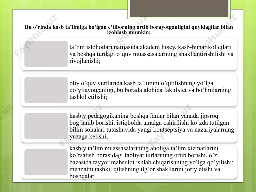 unchalar bilan integrallashuvini ta’minlash hamda ularni milliy qadriyatlar ruhida tarbiyalash vazifalari ham qo’yilgan. shuning uchun ham har bir o’qituvchi o’z faoliyatida o’quv materialini va o’qitish metodlarini, yo’l va vositalarini yuqorida sanab o’tilgan talablar va tamoyillarga rioya qilgan holda tanlashi va uni ta’lim oluvchilarning e’tiboriga havola qilishida o’qitishning zamonaviy texnologiyalaridan unumli foydalanishi orqali ulardagi kasbiy kompetentligini shakllantirish maqsadga muvofiq bo’ladi. pedagogik texnologiya - tizimli, texnologik yondoshuvlar asosida ta’lim shakllarini qulaylashtirish, natijasini kafolatlash va ob’ektiv baholash uchun inson salohiyati hamda texnik vositalarningo’zaro ta’sirini inobatga olib, ta’lim maqsadlarini oydinlashtirib, o’qitish va bilim o’zlashtirish jarayonlarida qo’llaniladigan usul va metodlar majmuidir. bunday usul va metodlarni ishlab chiqish pedagogik texnologiya nazariyasi va metodikasining vazifasidir. “ta’lim texnologiyasi” tushunchasi “ta’lim metodikasi” tushunchasiga nisbatan kengdir. ta’lim metodi - o’quv jarayonining majmuaviy vazifalarini yechishga yo’naltirilgan o’qituvchi va o’quvchilarning birgalikdagi faoliyati usuli bo’lsa, ta’lim metodikasi esa muayyan o’quv predmetini o’qitishning ilmiy asoslangan metod, qoida va usullar tizimini tavsiflaydi. ta’lim texnologiyasi - …