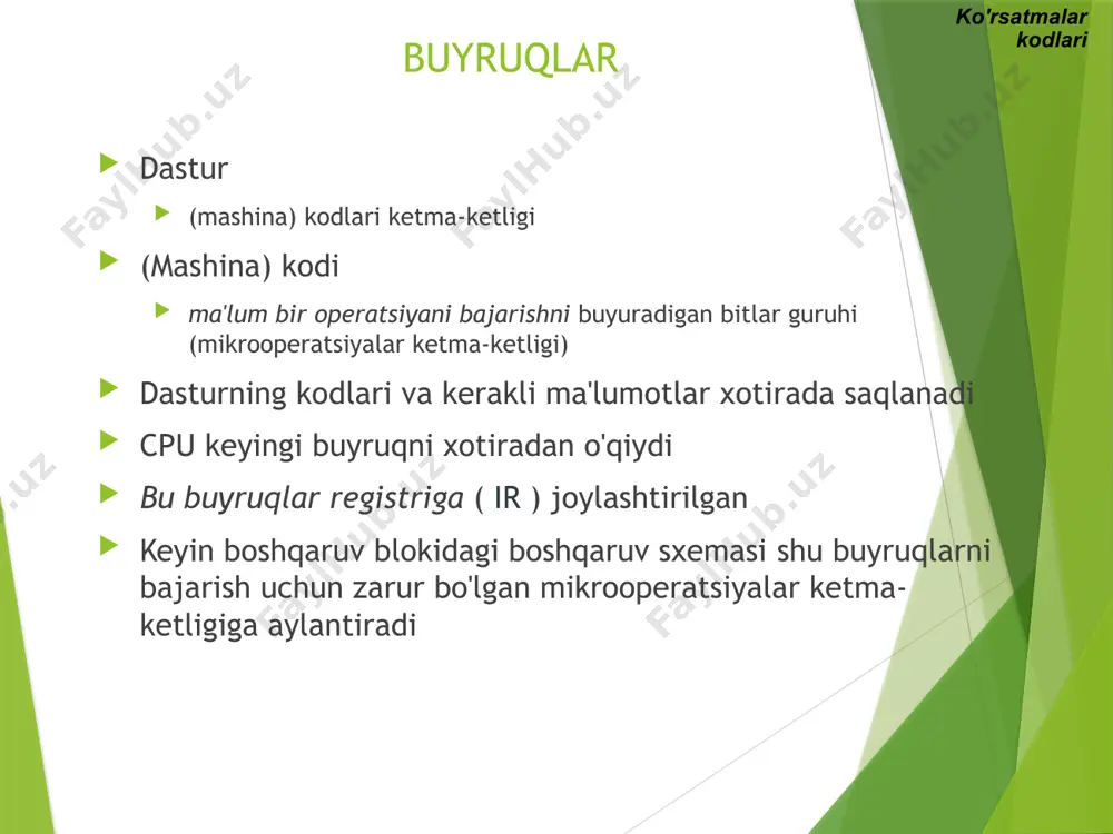 avtobus 7 1 2 3 4 5 6 s 0 s 1 s 2 umumiy avtobus tizimi uchta boshqaruv chizig'i, s 2 , s 1 va s 0 boshqaruvi, ular avtobusni kirish sifatida tanlaydi. yoki registrlardan birida yuklanish signali faollashadi yoki xotirada o‘qish signali faollashadi. avtobusdagi ma'lumotlar qaerga yuklanishini aniqlaydi 12-bitli registrlar, ar va shaxsiy kompyuterlar avtobusga 0-lar yuqori tartibda 4-bitli pozitsiyalarda yuklangan. 8-bitli outr registri avtobusdan yuklanganda, maʼlumotlar avtobusdagi past tartibli 8-bitdan keladi. registrlar 0 0 0 x 0 0 1 ar 0 1 0 kompyuter 0 1 1 dr 1 0 0 ac 1 0 1 ir 1 1 0 tr 1 1 1 xotira s 2 s 1 s 0 ro'yxatdan o'tish asosiy kompyuter ko'rsatmalari ko'rsatmalar asosiy kompyuter ko'rsatmalari formati 15 14 12 11 0 i opkod manzil xotiraga oid ko'rsatmalar (op-kodi = 000 ~ 110) ro'yxatga olish bo'yicha ko'rsatmalar (op-kodi = 111, i = 0) kirish-chiqish …